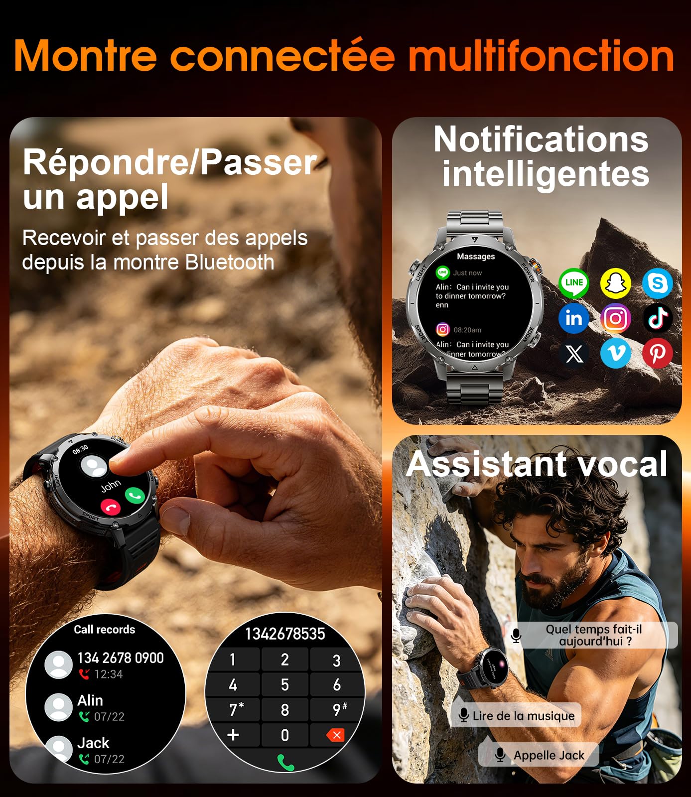 LIGE Montre Connectée Homme, Batterie 1400mAh, Écran HD 1,7 Pouce, Lampe LED, 110+ Modes Sport Montre Militaire Homme, Suivi Sommeil, IP68 Étanche, Smartwatch pour Android iOS, 2 Bracelets, Noir