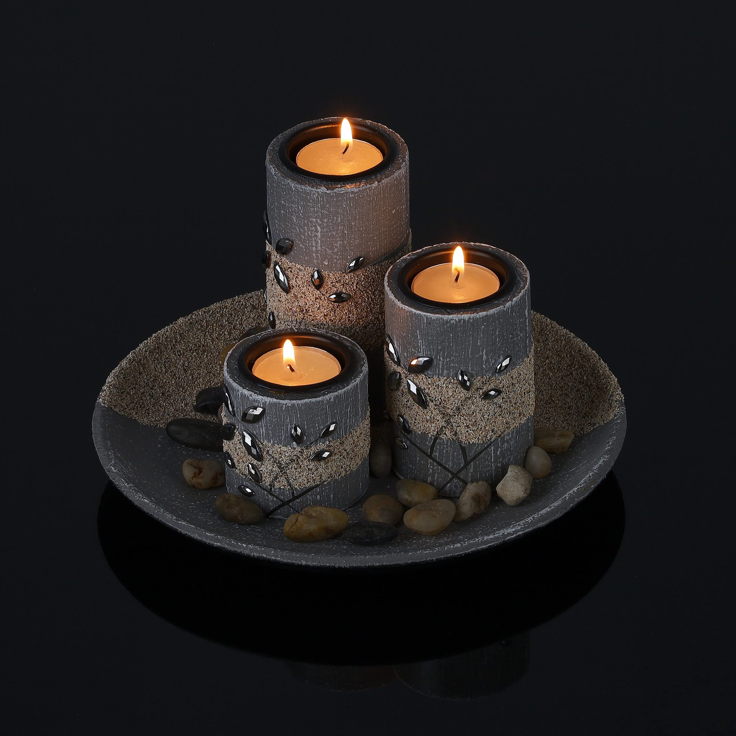 Relaxdays Portacandele, Vassoio e Vasetti, Centrotavola Rotondo, 3 Candeline, D22 cm, MDF, Effetto Pietra, Grigio Sabbia