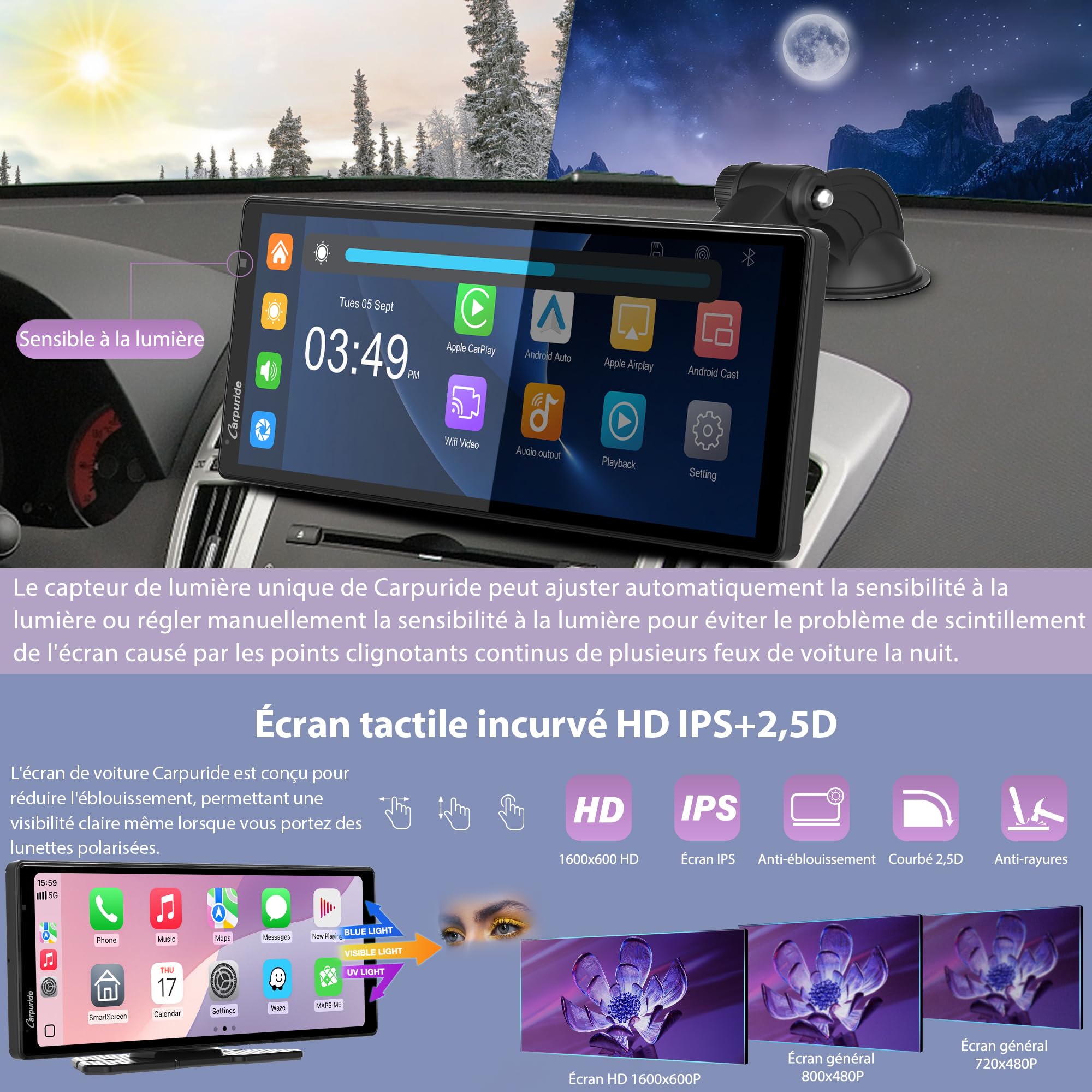 Carpuride W904 10.26" Carplay sans Fil et Android Auto avec Dash Cam | Écran Tactile pour Voiture, Caméra Avant 4K et Arrière 1080P, Enregistrw Ement en Boucle, Audio BT, Mirror Link, GPS, Siri