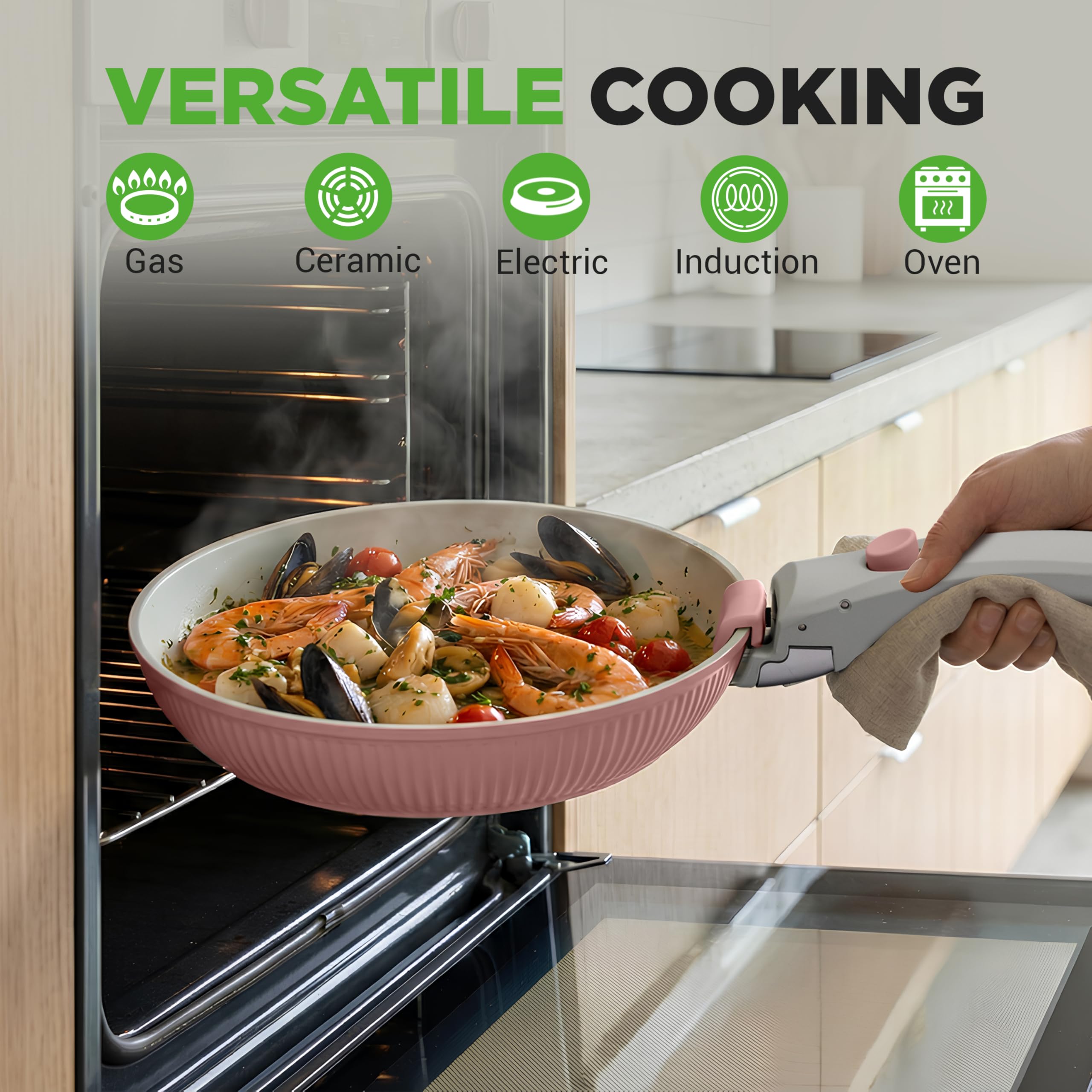 NutriChef Zestaw Naczyń Ceramicznych 18 Sztuk z Odczepianymi Rączkami, Patelnia i Garnki z Powłoką Nieprzywierającą, Powłoka Ceramiczna Bez PTFE, Oszczędność Miejsca, Do Pieca, Różowy