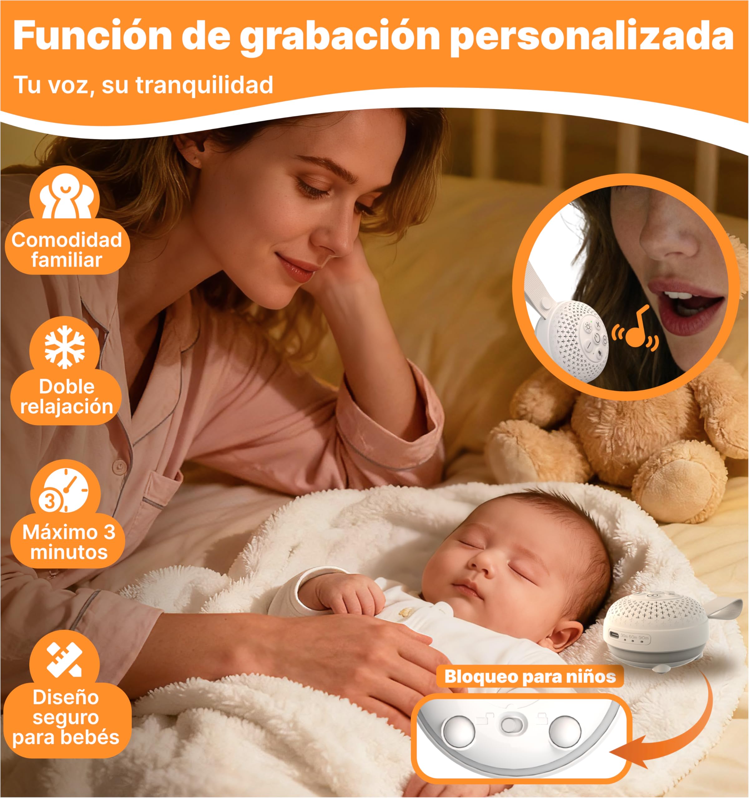 Hmusic Máquina Ruido Blanco, Sueño Bebé, Luz Noche, Temp 60H | Máquina Sonido Portátil Adultos, Batería 20-60H, Temporizador, Luz 3-Brillos, Guardería, Viaje
