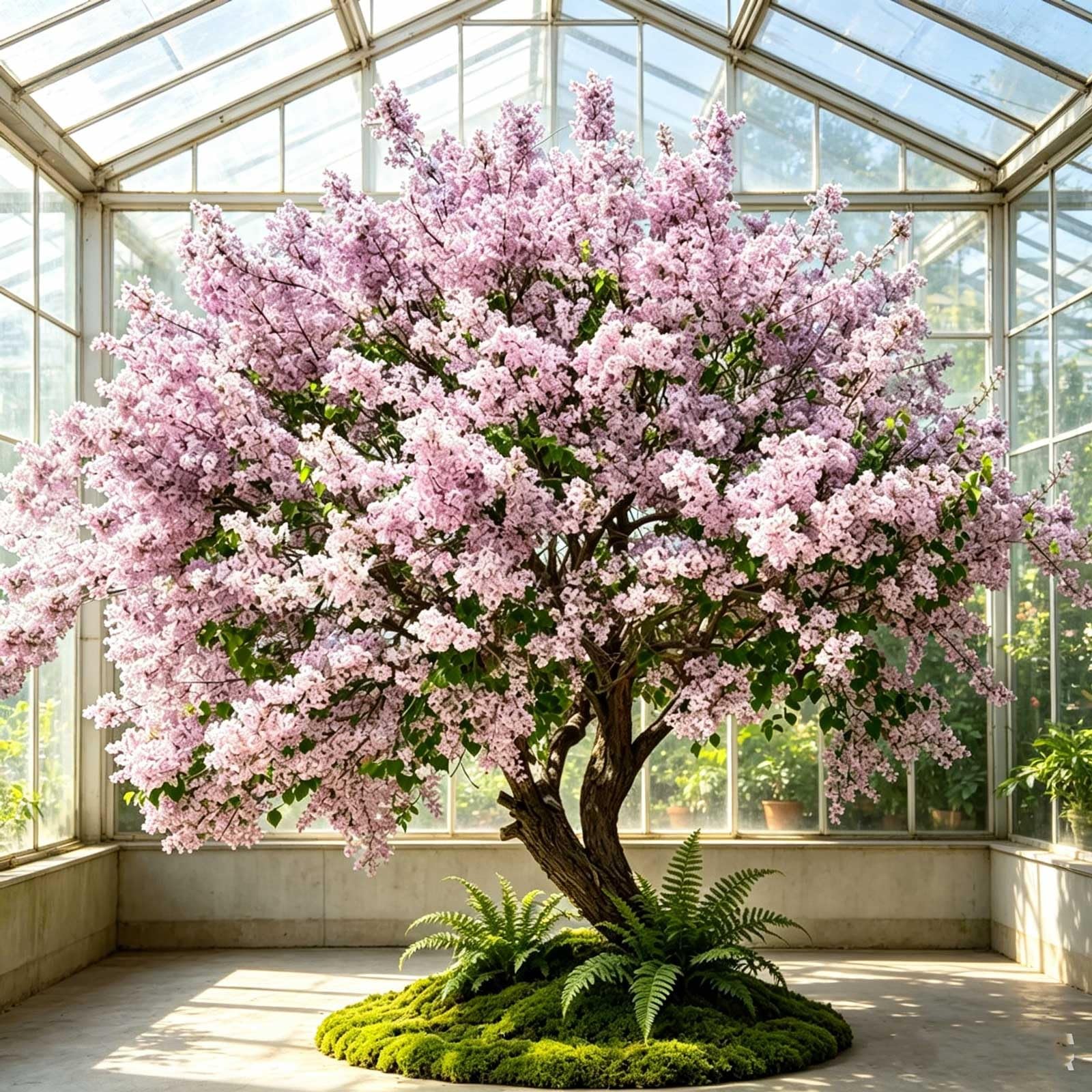 Kiboncy One Color Rustic Curved Trunk Artificial Lilac Flower Tree, Full Lush Pink Purple Bloom Fake, Natural Moss Fern Ground Mat For Villa Indoor Lobby Ornament