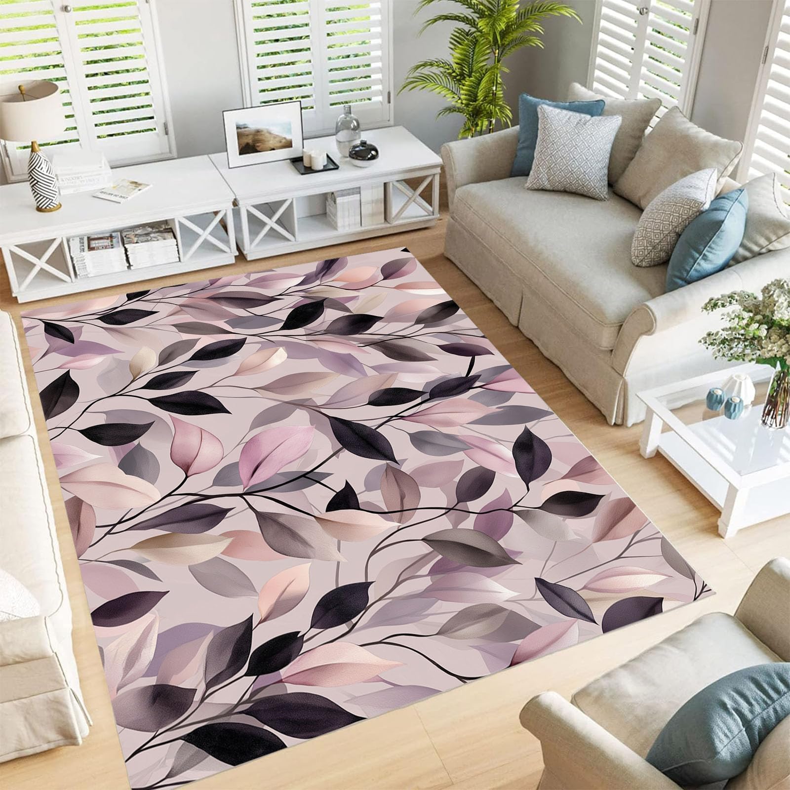 Tapis plantes élégantes 60x90 cm rose blush lavable et antidérapant pour salon et chambre retro