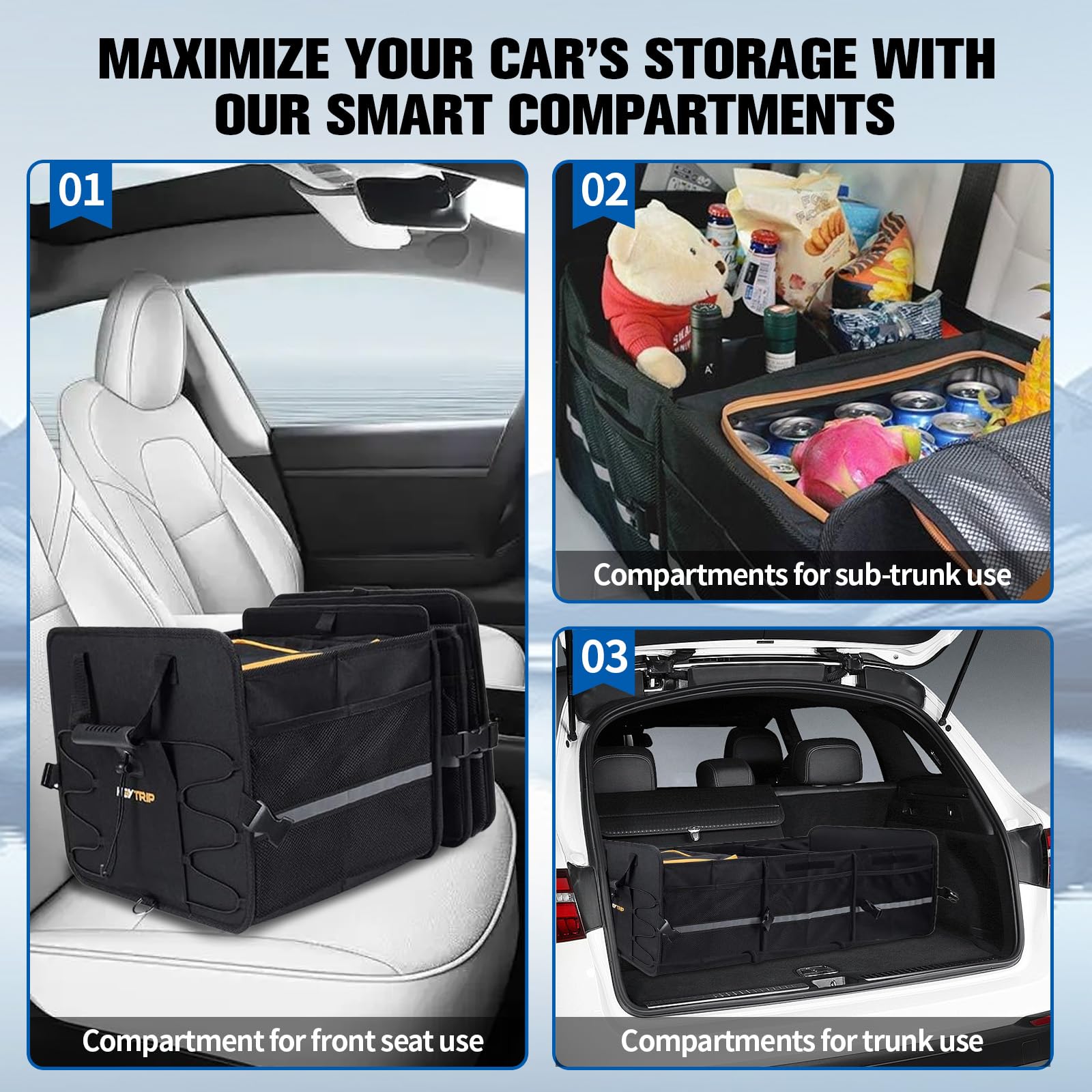 Grande organizer per bagagliaio da 105 l, con borsa termica integrata, a prova di perdite, pieghevole, con 3 scomparti principali, 9 tasche a rete e 2 tasche laterali per auto, SUV, camion