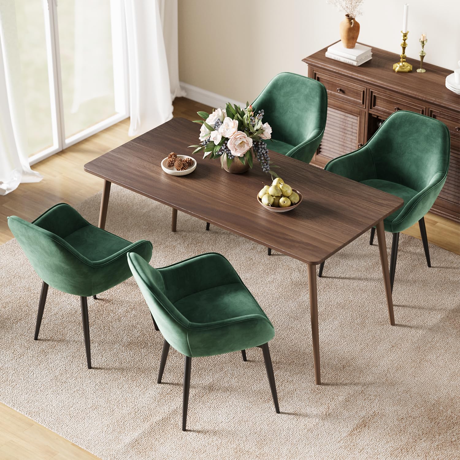 ELUCHANG Silla de Comedor Tapizada Terciopelo con Reposabrazos Pack 4, Ergonómica para Cocina, Dormitorio, Sala, Carga 150kg, Patas de Metal Estable, Verde