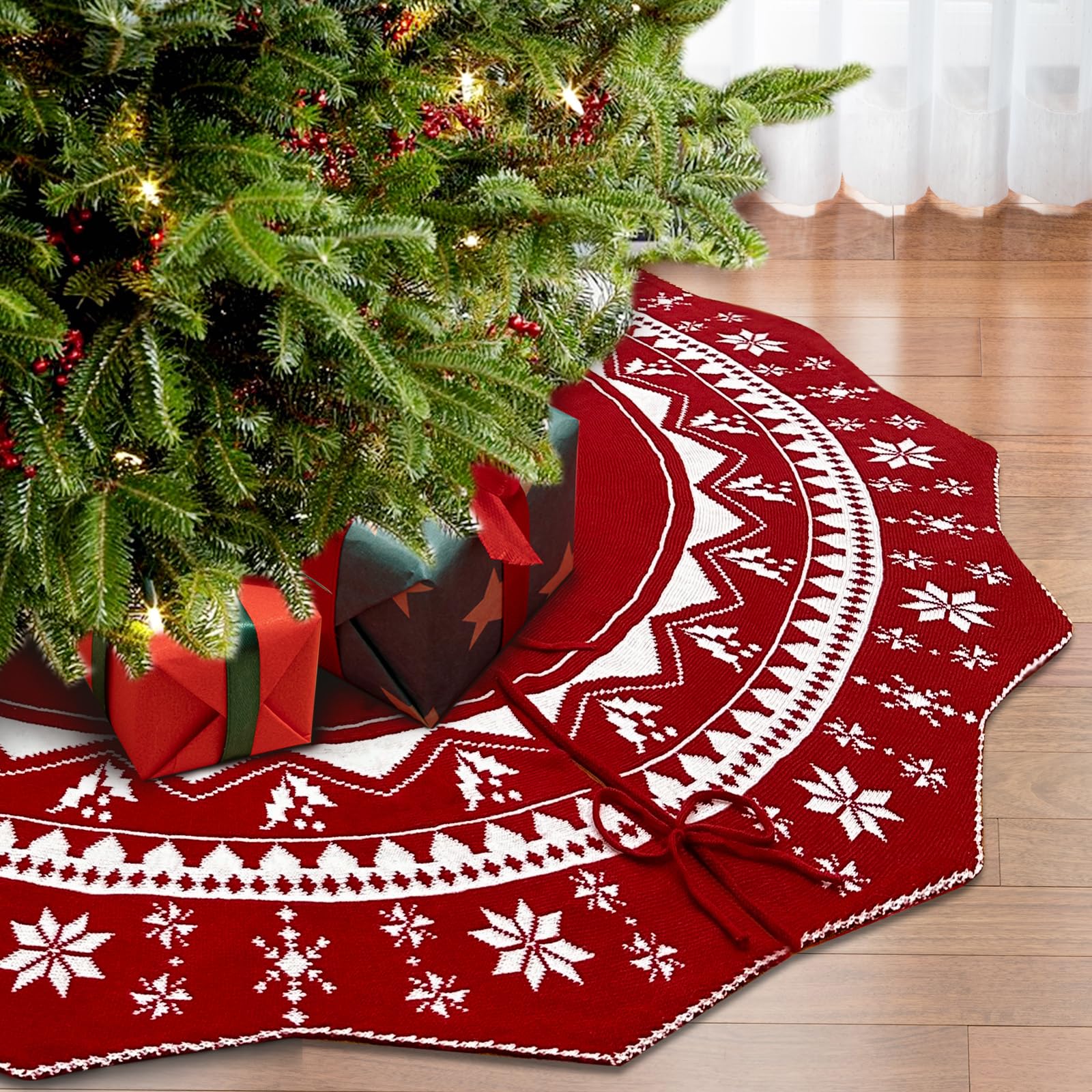 Jupe de sapin de Noël en tricot double face avec motifs flocons de neige - Grande jupe de sapin de Noël rustique pour décorations de sapin de Noël - 183 cm