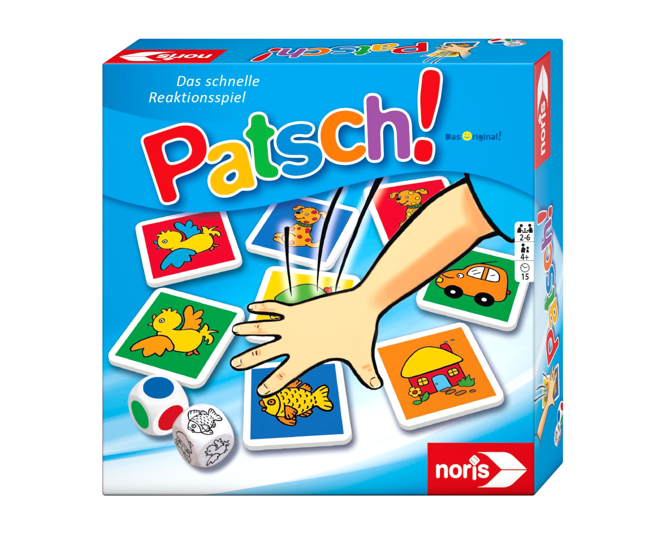 noris Patsch Reaktionsspiel, Kinderspiel mit 25 Motivkarten & 2 Würfeln, Für 2‑6 Spieler, Fördert Aufmerksamkeit & Schnelligkeit, Ab 4 Jahren, Familienspiel