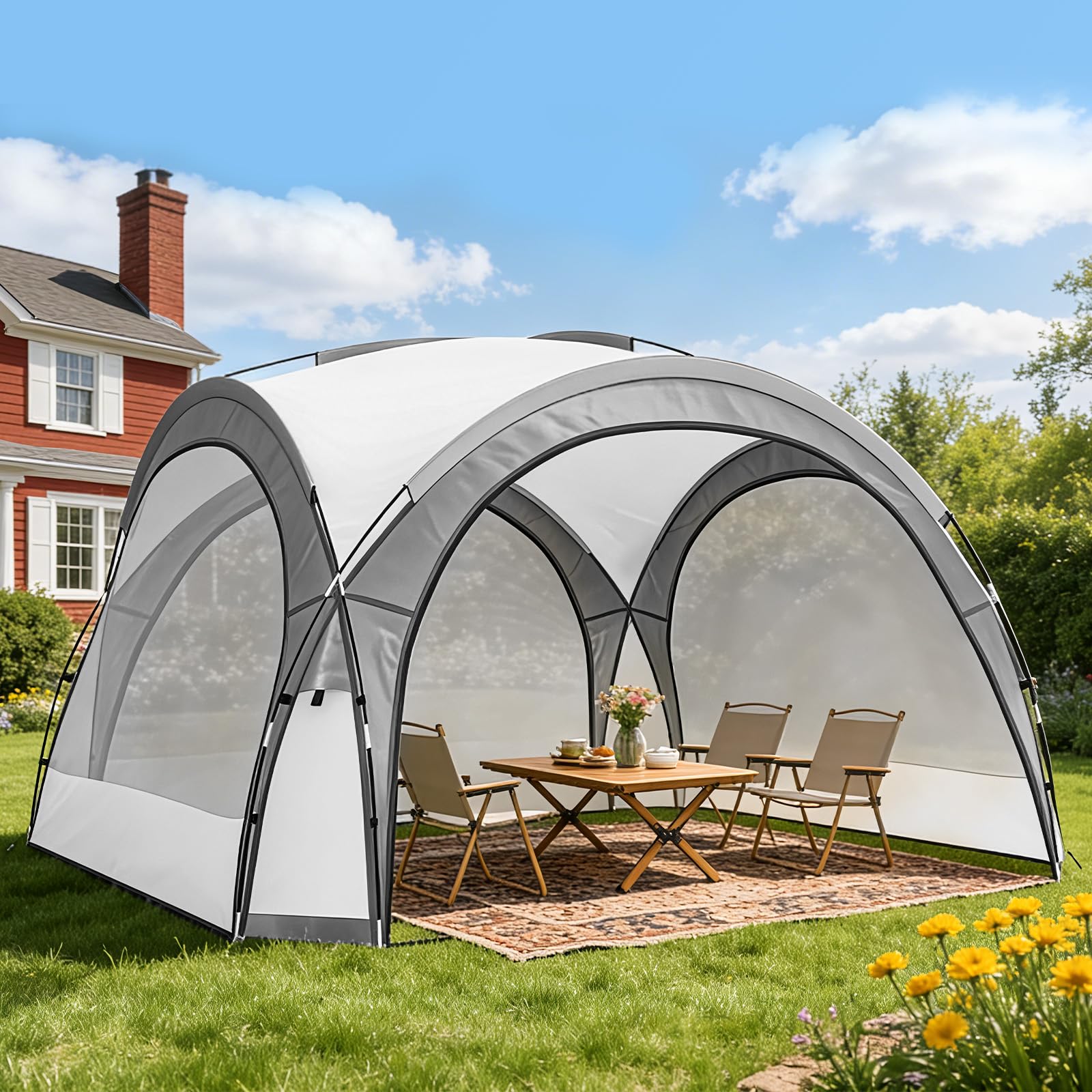 Aoxun Dome Gazebo with Zip-Away Sides, Carry Bag, 3.5m x 3.5m Camping & Festival Event Shelter, 4 Removable Panels & Mesh Insect Screens, 2000mm Waterproof Fabric, UPF50+ Sun Protection