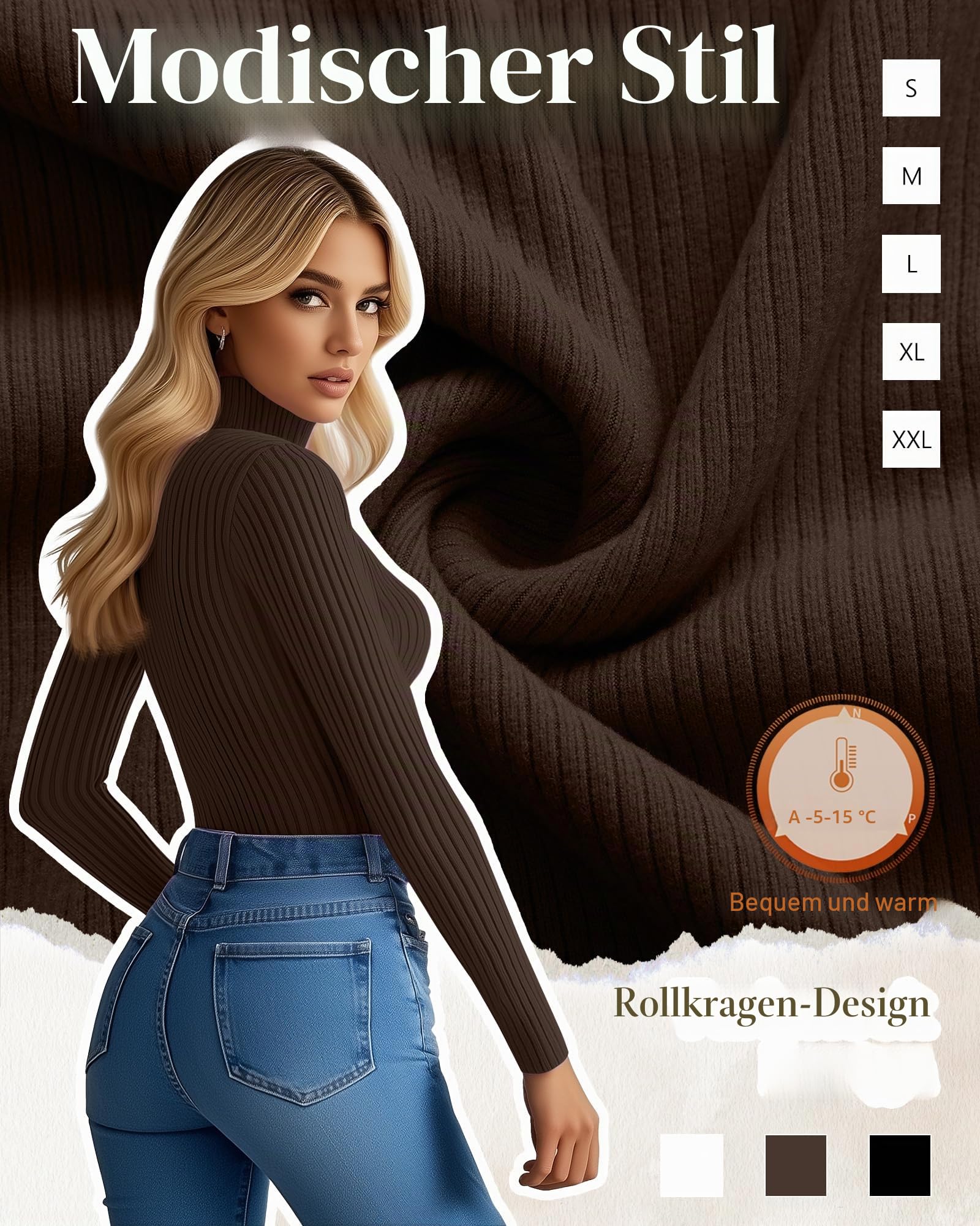 Ficerd 3er-Pack Damen-Thermo-Rollkragenoberteile mit Rippenmuster Langärmlige Stretch-Shirts Gestrickt Tailliert Basisschicht