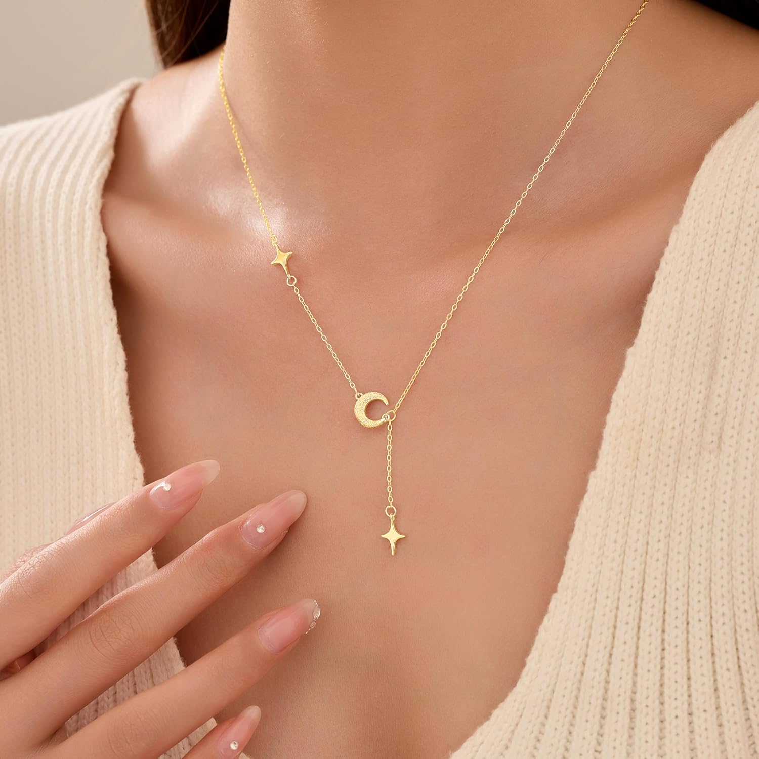 Dainty Crescent Moon Star Necklace for Women 925 Sterling Silver Y Shape Drop Lariat Necklace Trendy Pendant Choker Necklace Jewelry Birthday Ramadan Mothers Day Jewelry Gifts