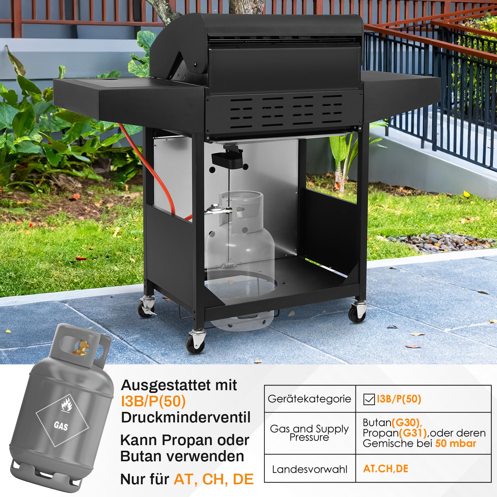 LIFERUN Gasgrill 4+1 Edelstahl Brenner,15 kw Gas Grillwagen BBQ mit Seitenkochfeld,Gasgriller mit Thermometer,4 PCS Bremse Rollen,DE I3B/P(50) Gasdruckregler,Standgrill Camping Garten(Butan/Propan)