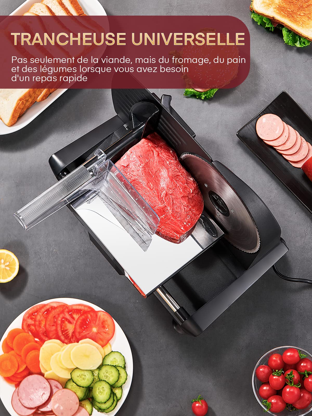 Trancheuse Electrique 200W 2 Lames 19 cm 0-15 mm d'épaisseur pour Jambon Saucisson