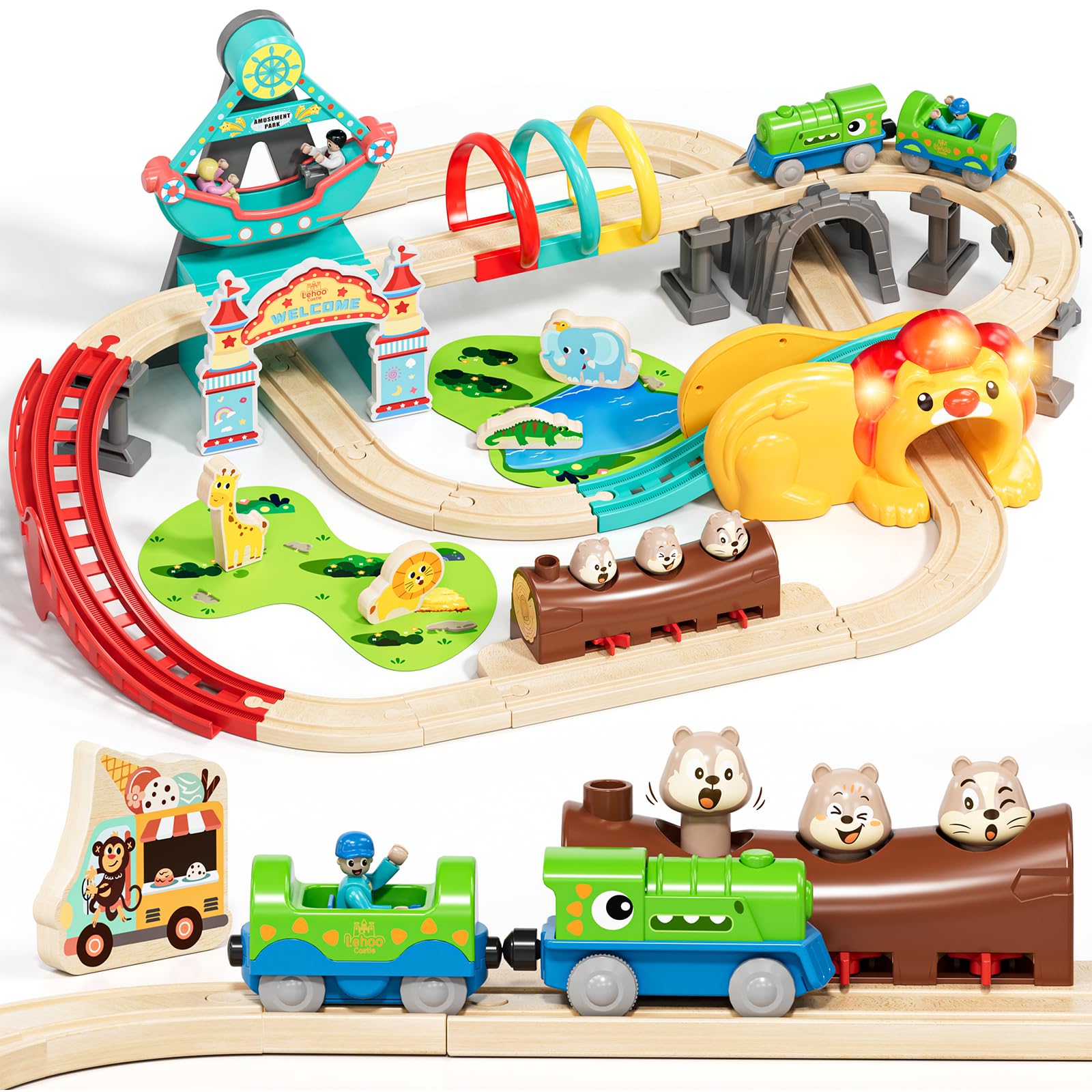 Lehoo Castle Electric Train Set for Toddlers Age 3+, 50 Pcs Track Accessories Car Set Wooden Toy for 2 3 4 5 Year Old Boys Girls Gifts Presents For Christmas Xmas New Year