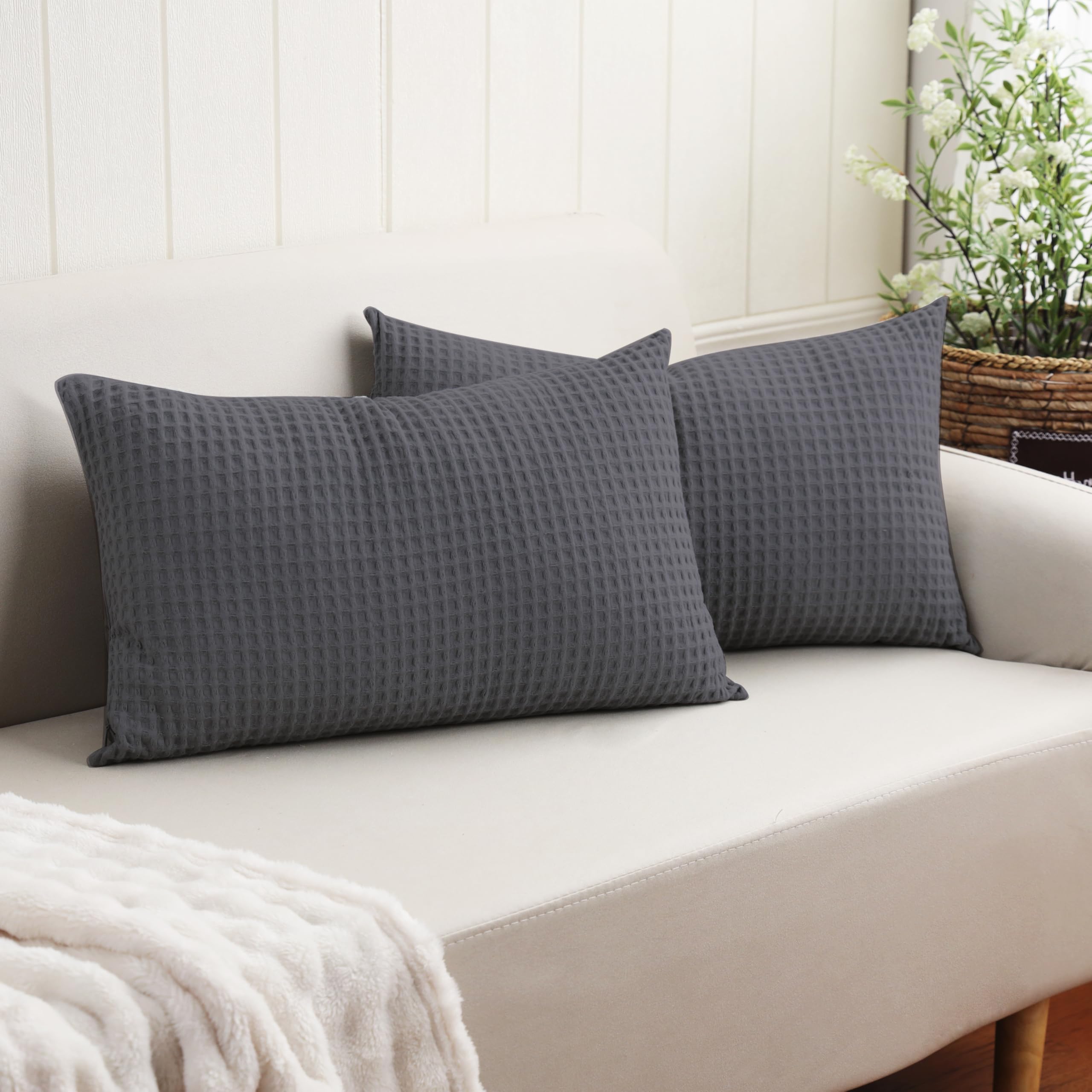 100% Egyptian Cotton 600 TC Waffle Weave Lumbar Pillow Covers 2 Pack โ image 1