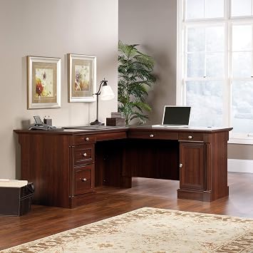 Sauder Palladia L Shaped Desk with Drawers, Office Desk with File Cabinet Storage, Cable Management, Keyboard Tray, in Select Cherry finish