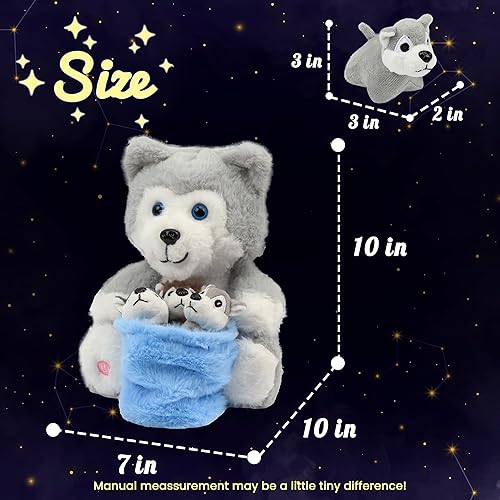 Miniatura 2 de Hopearl Husky de peluche LED con cubo extraíble que ilumina tu mamá y perro con 3 cachorros en la cesta, juego de animales de peluche disquetes,