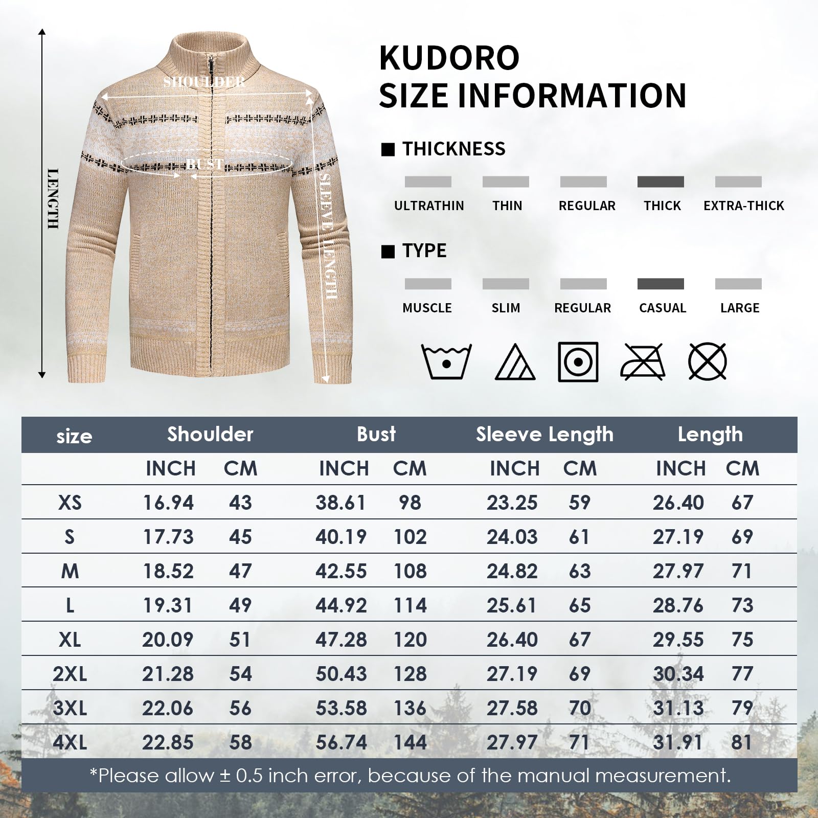 KUDORO Cardigan Gilet Homme Pull Cardigan en Tricot Ouvrez-Front Zippé | Chandail Chaud Slim Fit Épais avec Col Montant Tricot Décontractée Polaire