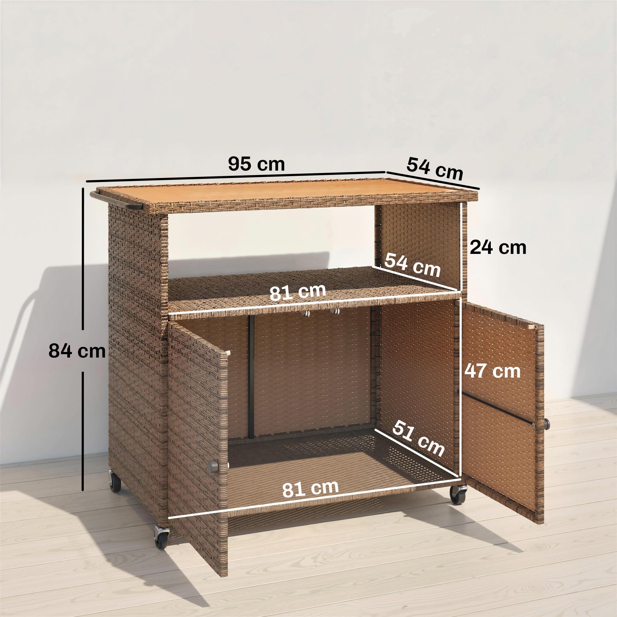 Outsunny Chariot de service en rotin avec plan de travail en bois d'eucalyptus FSC, compartiment de rangement, roulettes, poignée latérale, chariot de bar, chariot de barbecue, chariot d'appoint pour