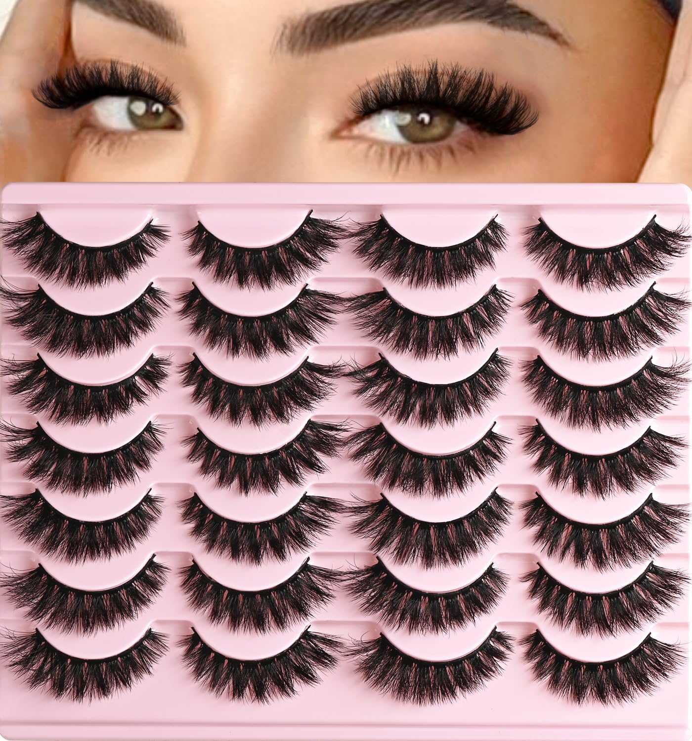 QUNETY Lashes Wispy False Eyelashes Cat Eye Lash Strips Natural Look Fake Mink Eyelash Pack 14 Pairs Lightweight