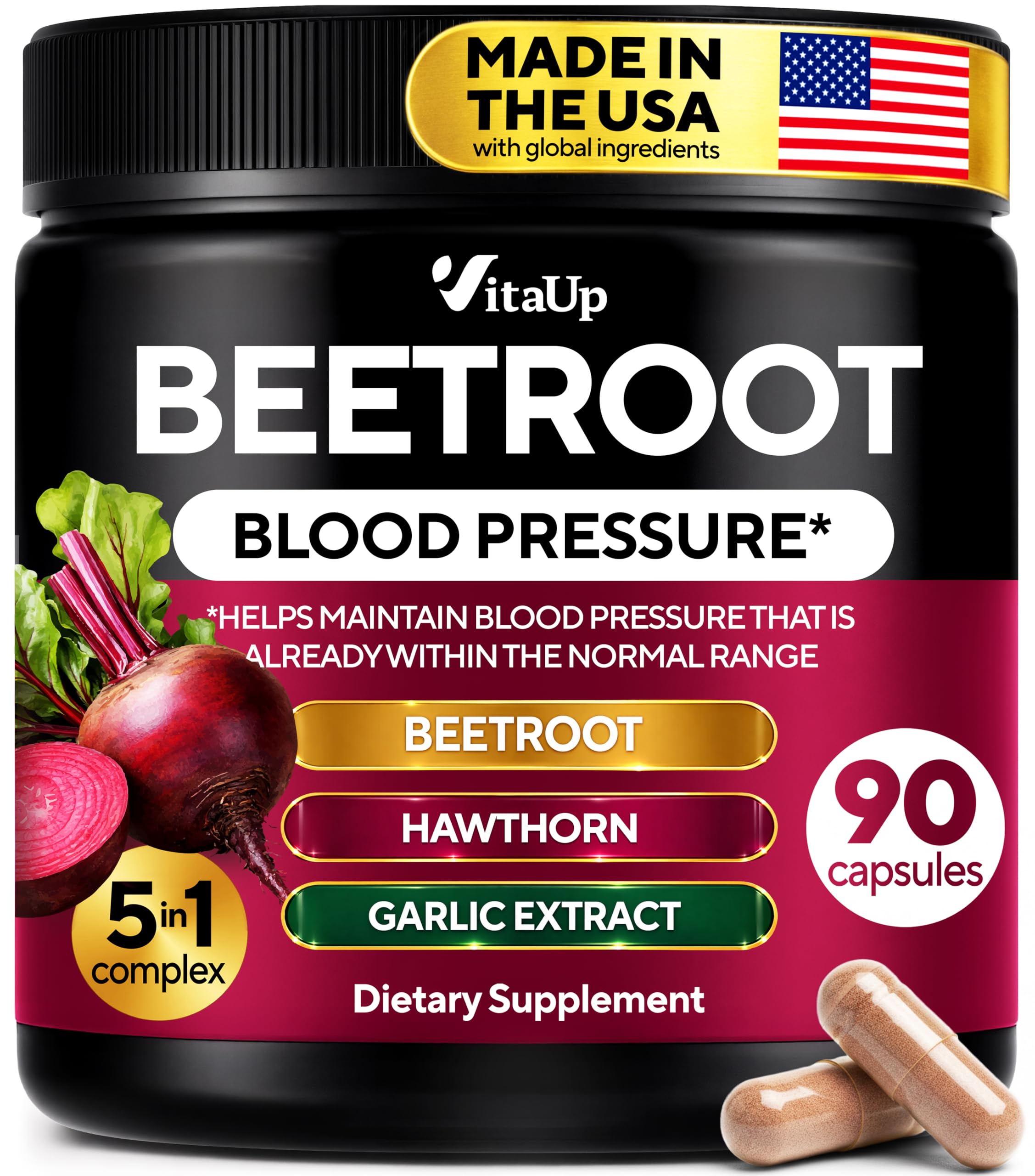 VitaUp Beet Root Capsules - USA Made Beetroot Supplement for Normal Circulation, Nitric Oxide & Heart Support - 5-in-1 Beets with Grape Seed, Garlic Extract, Hawthorn Berry, Olive Leaf - 90 Vegan Caps