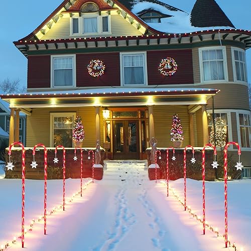 Miniatura 2 de Paquete de 10 luces parpadeantes de bastón de caramelo de Navidad de 33 pulgadas, marcadores de camino con estaca, luces festivas de bastón de