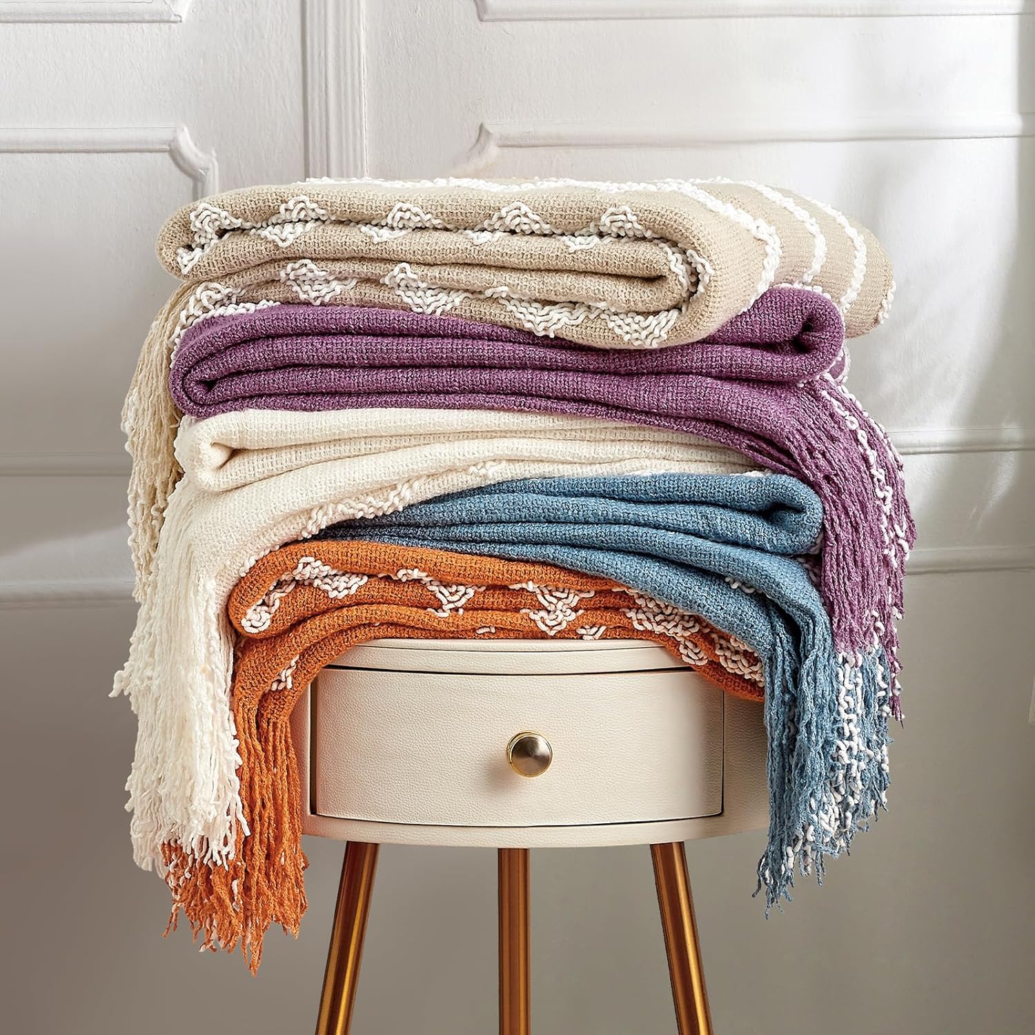 BOURINA Fluffy Chenille Knitted Fringe Throw Blanket Lightweight Soft Cozy for Bed Sofa Chair Throw Blankets, Off White 50" x 60" - Image 6