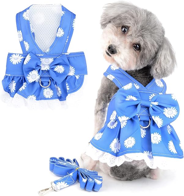 Ranphy Floral Dog Harness Dress for Small Dog Girls with Leash Set Princess Puppy Bow Dress Cat Pet Dress D-ring Female Dog Clothes Summer Apparel, Dark Blue, S