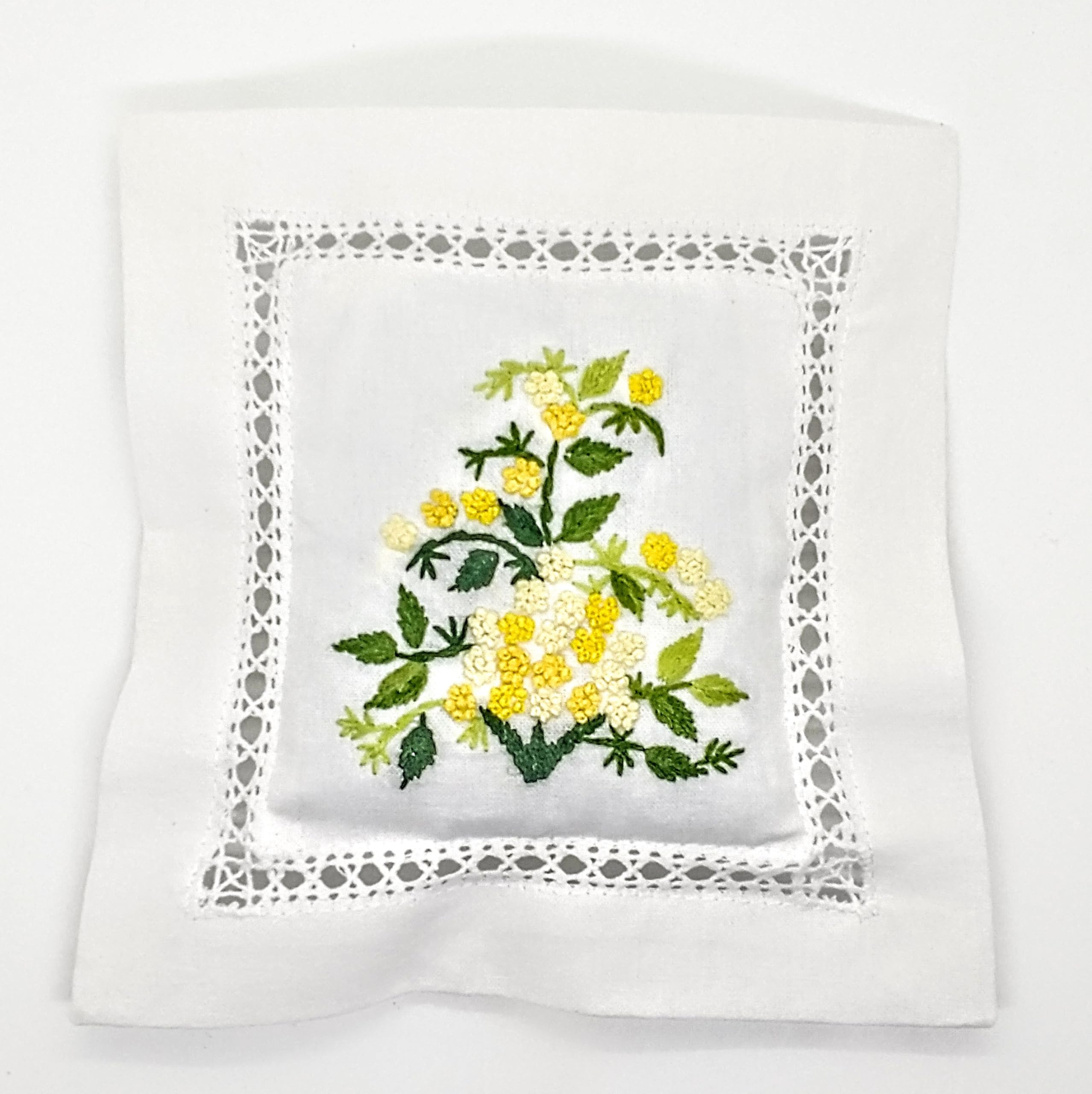 Lana's The Little House Hand-Embroidered White Cotton Lavender Sachet, 6 x 6 inches, Yellow Mimosa Design, Embroidered in Portugal; Made in France.