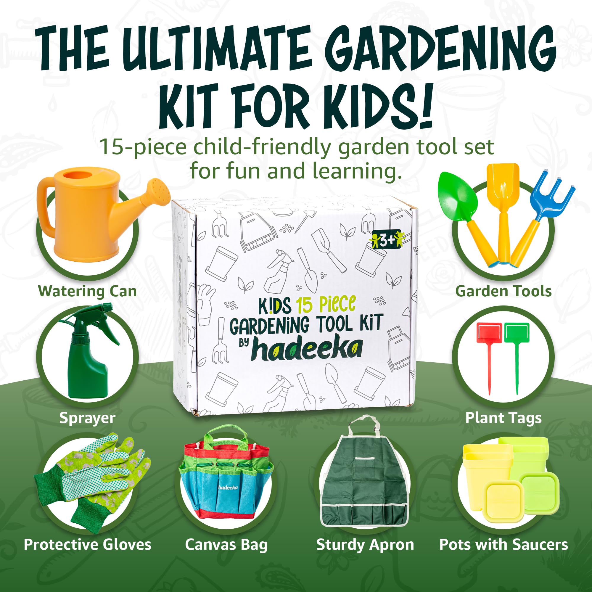 Hadeeka Kids 15pc Garden Tool Kit, Complete Children's Gardening Set including Tools, Apron, Gloves, Watering Can, Plant Pots - Image 2