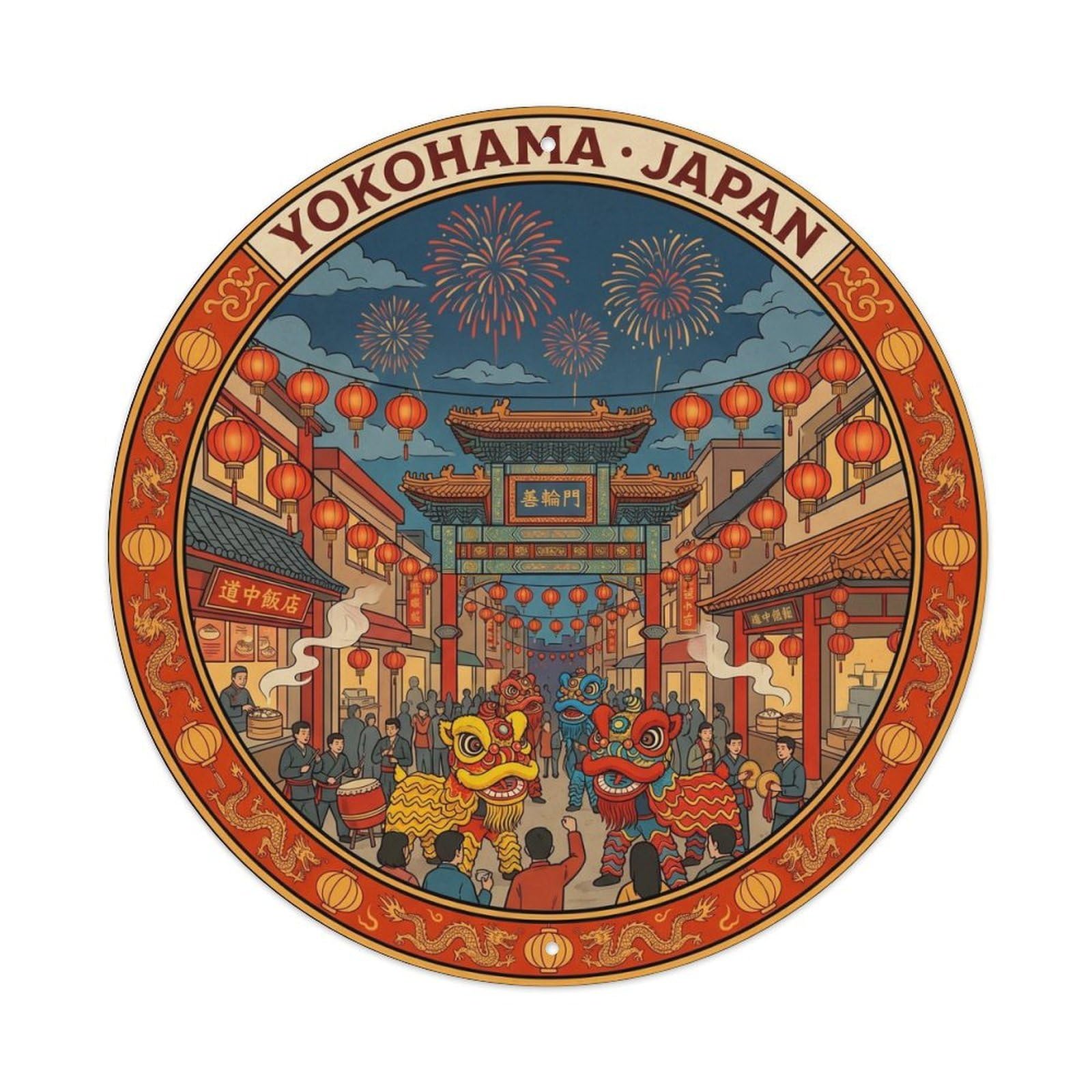 Okahys 8X8inch Classic Style Yokohama Chinatown Lantern Festival Folk Culture Ritual Metal Tin Sign