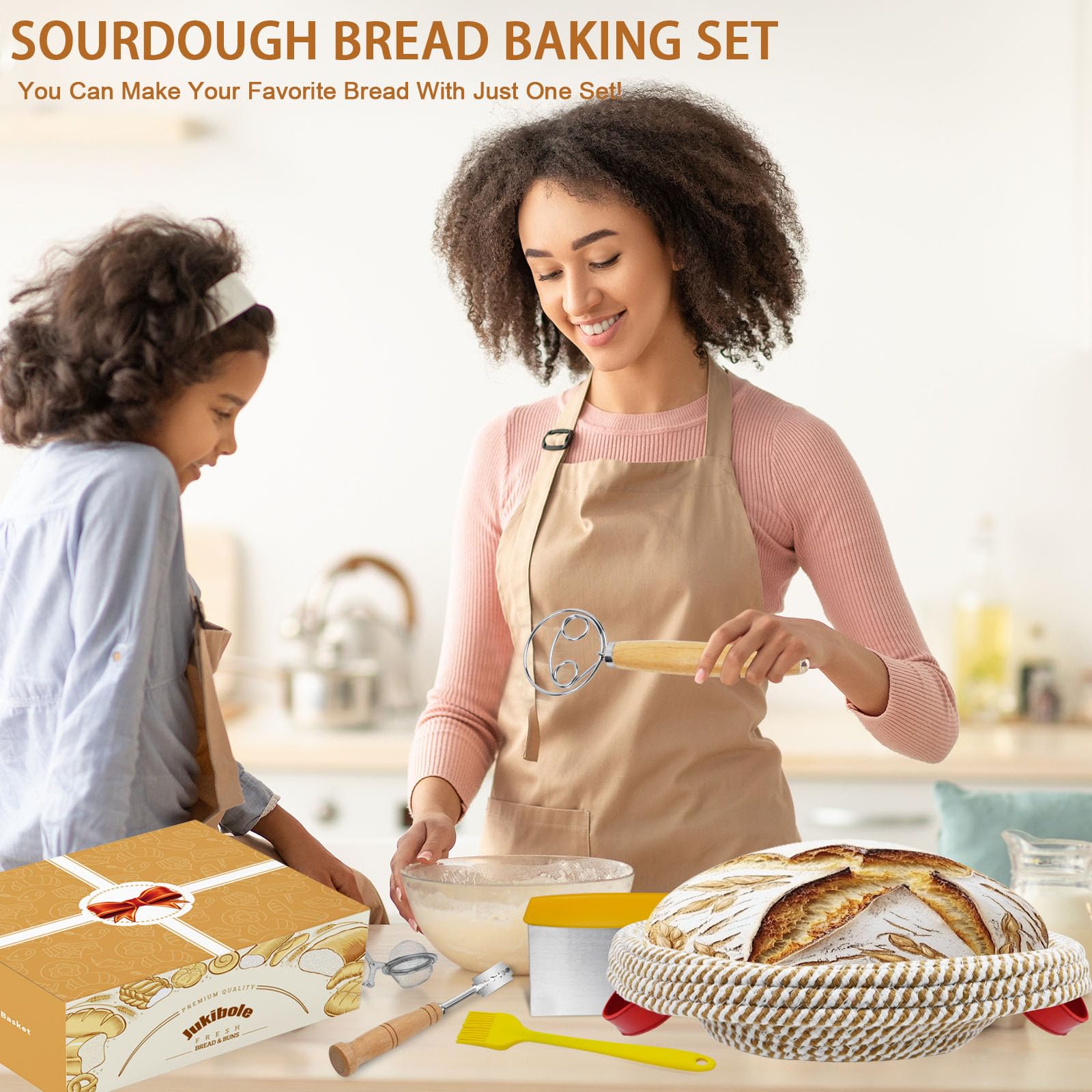Banneton pour Pain 23cm, 27 Pièces Paniers à Pain Ronds Set avec Grattoir à Pâte, Mélangeur à Pâte, Brosse, Kit de Démarrage de Sourdough pour Débutants, Passionnés de Pâtisserie