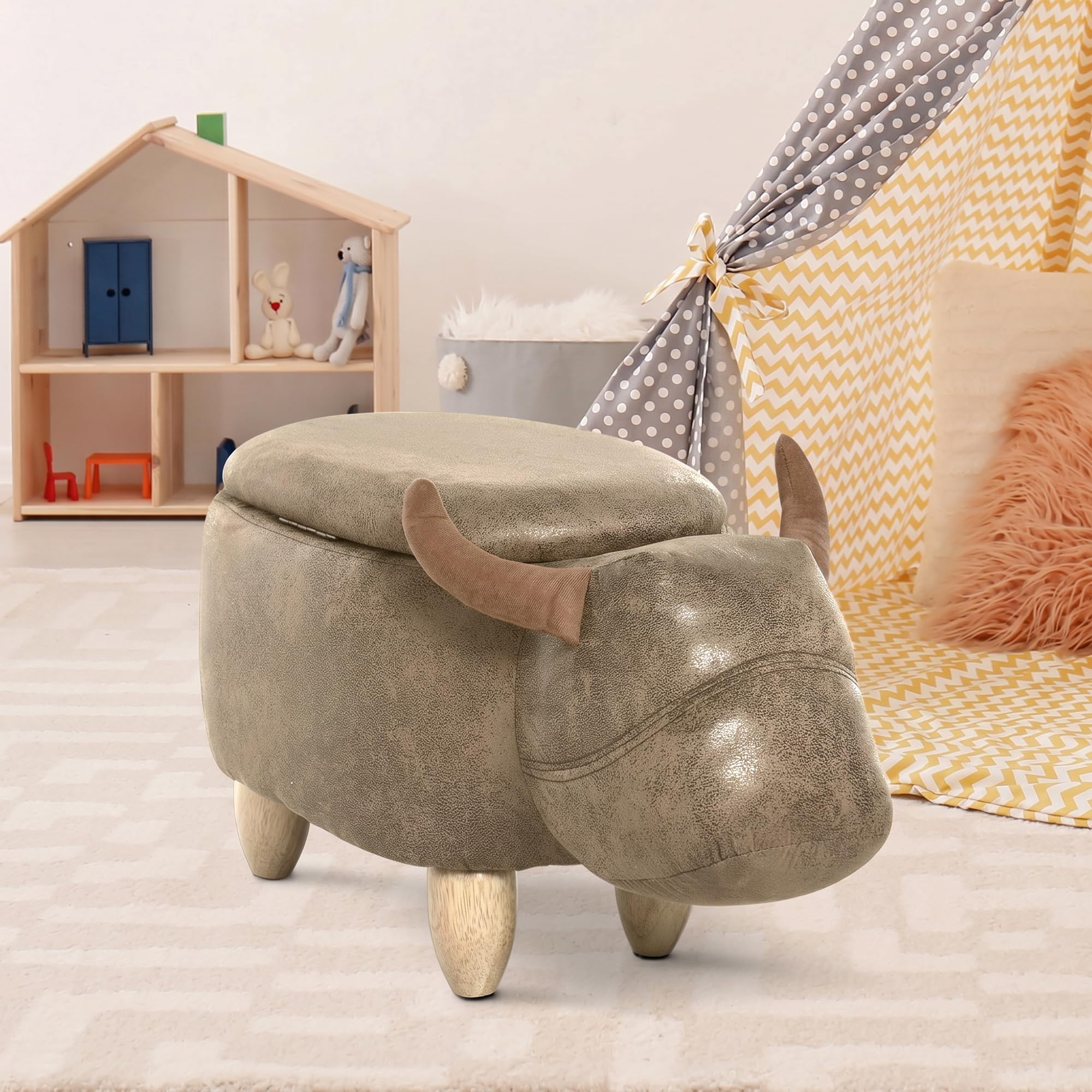 HOMCOM Hocker Kuh - Hocker Kuh - Hocker Stier Aufbewahrungsbox 2 in 1 - Beine Hevea-Holz synthetische Beschichtung Wildlederoptik gealtert Braun