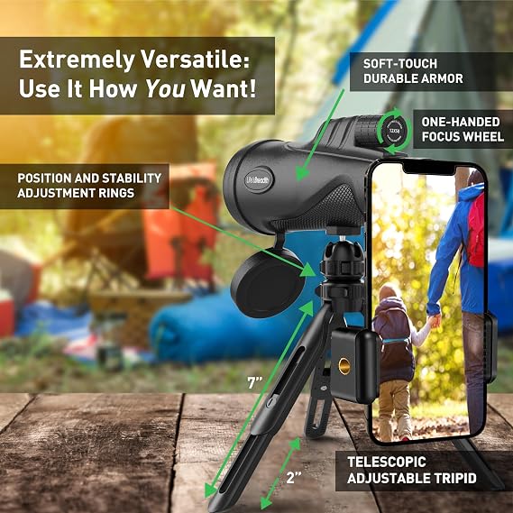 12x52 Monocular Telescope with Smartphone Adapter and Upgraded Tripod, HD Handheld Telescope - High Powered Monocular Scope for Adults - Birdwatching - Gifts for Men Him Dad Husband Boyfriend (Black)