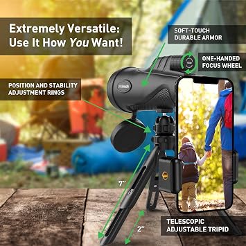 12x52 Monocular Telescope with Smartphone Adapter and Upgraded Tripod, HD Handheld Telescope - High Powered Monocular Scope for Adults - Birdwatching - Gifts for Men Him Dad Husband Boyfriend (Black)