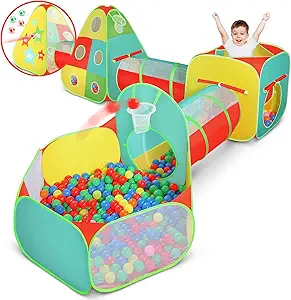 5pc Play Tunnel Ball Pit Play Tent – Toddler Jungle Gym Play Crawl Tunnel with Play Tent for Kids, Toddlers, Infants Boys & Girls, Indoors & Outdoors Toy – Target Game with 4 Dart Balls, Great Gift