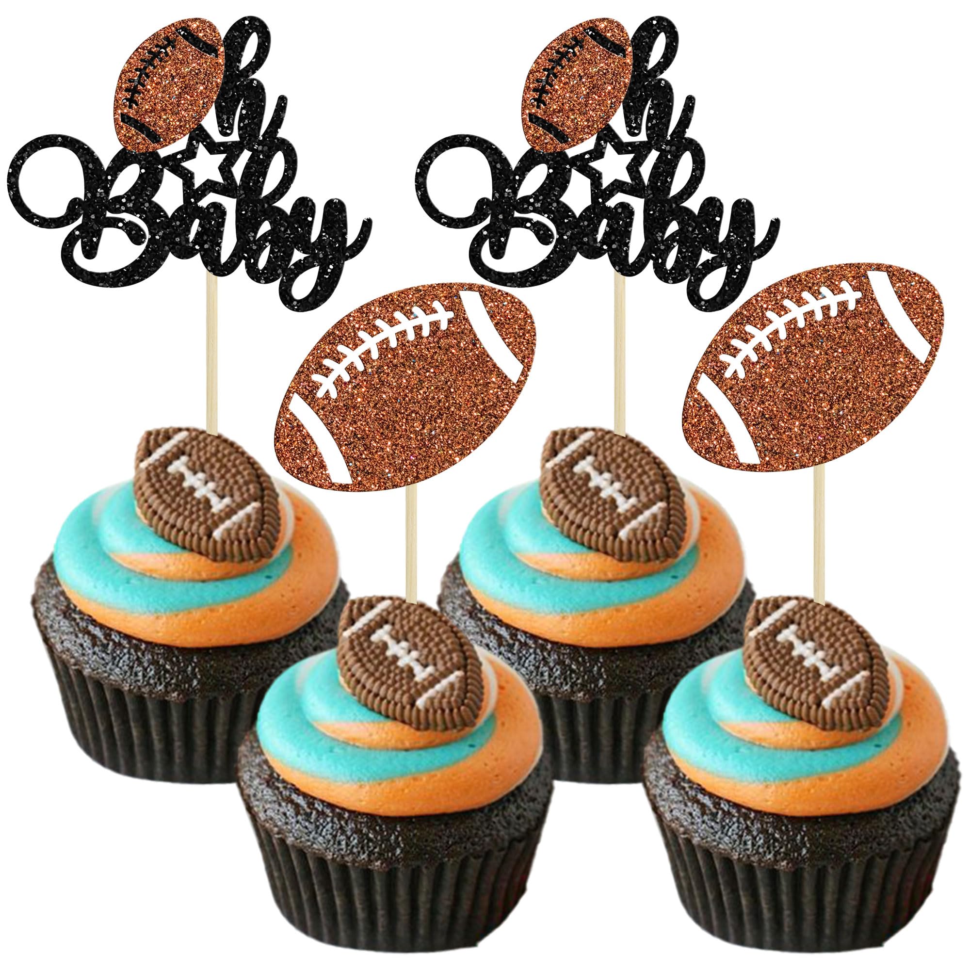 Gyufise 24Pcs Rugby Ball Oh Baby Cupcake Toppers Glitter American Football Cupcake Picks Baby Shower Oh Baby Cake Decorations for Gender Reveal Rugby Sports Theme Kids Birthday Party Supplies