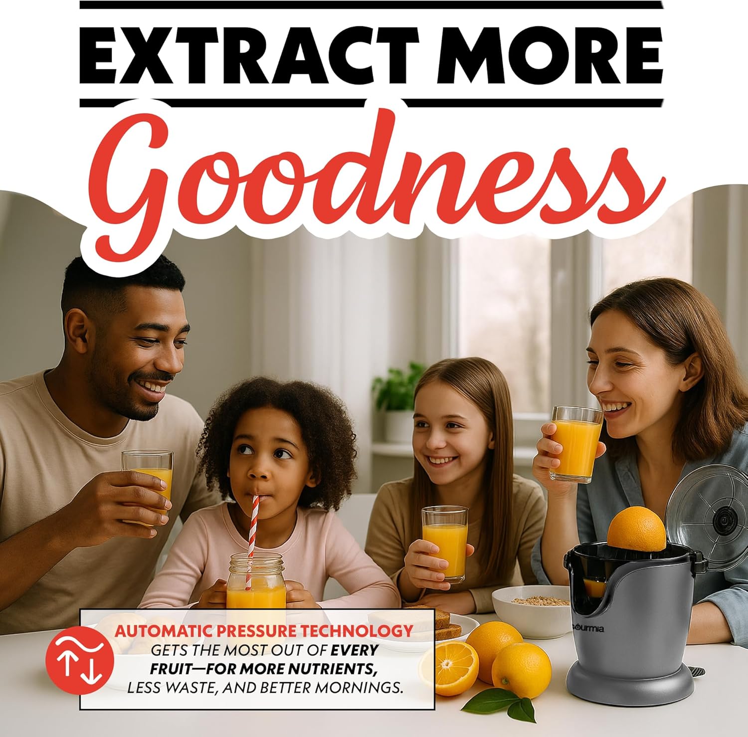 Gourmia Hands Automatic Citrus Juicer with One-Touch Operation - Universal Cone, Anti-Drip Spout, Dishwasher Safe Accessories, Compact, Quiet 60W Motor