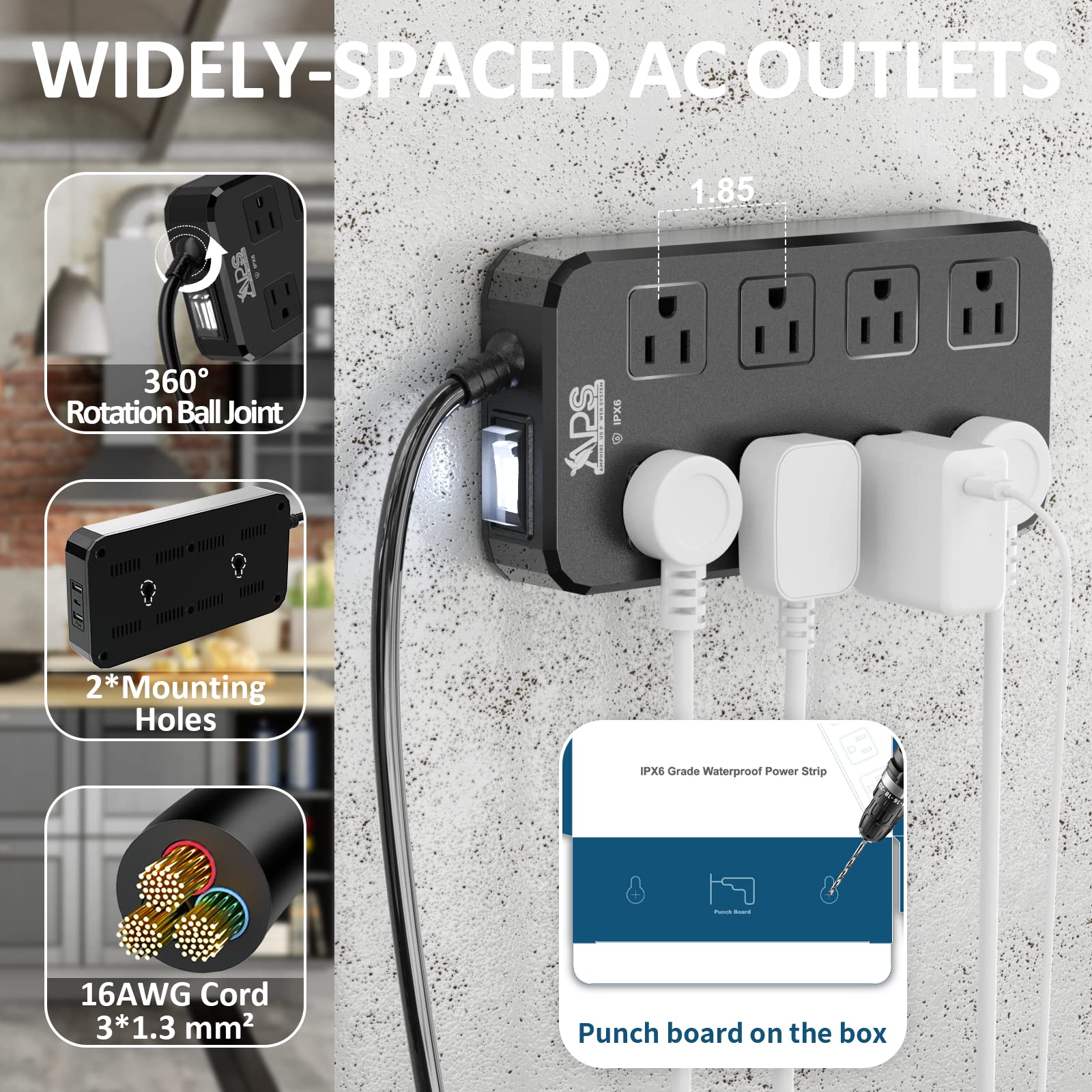 Zewnętrzna listwa zasilająca, odporna na warunki atmosferyczne, wodoodporna ochrona przeciwprzepięciowa z 8 szerokimi gniazdkami z 3 portami USB, przedłużacz 1875 W, przedłużacz wylotu do lampek
