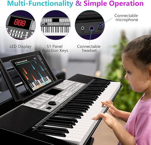 Miniatura 3 de TERENCE Piano de teclado de 61 teclas, altavoces de alta fidelidad duales, piano digital con 51 botones de función de panel, pantalla LED, teclado