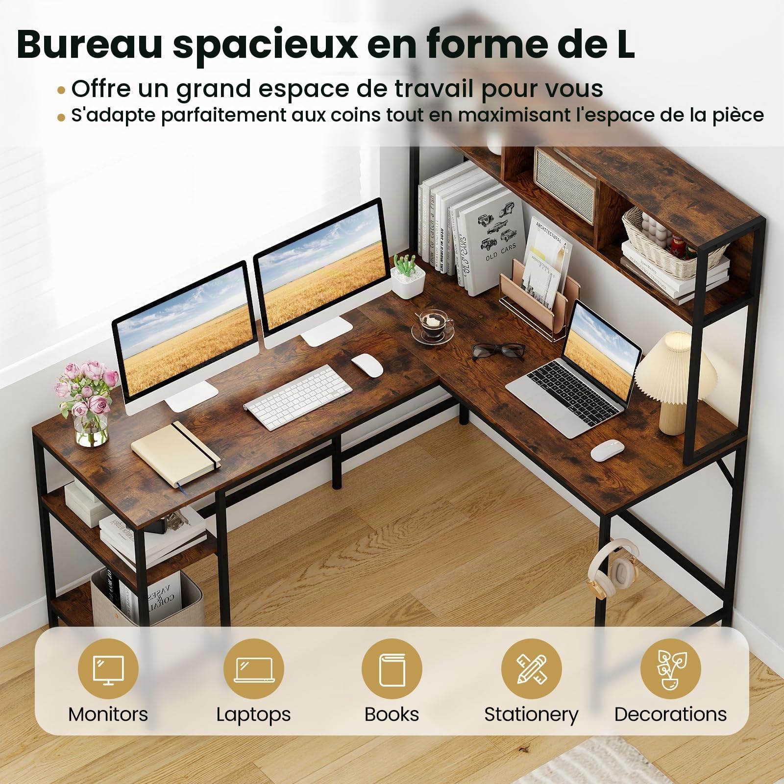 GIANTEX Bureau en L avec Bibliothèque, Étagères Latérales et Crochet, Structure Métallique, Bureau Gaming d'angle avec Pieds Antidérapants Réglables, Table Gamer pour Jouer, Travailler (Marron)
