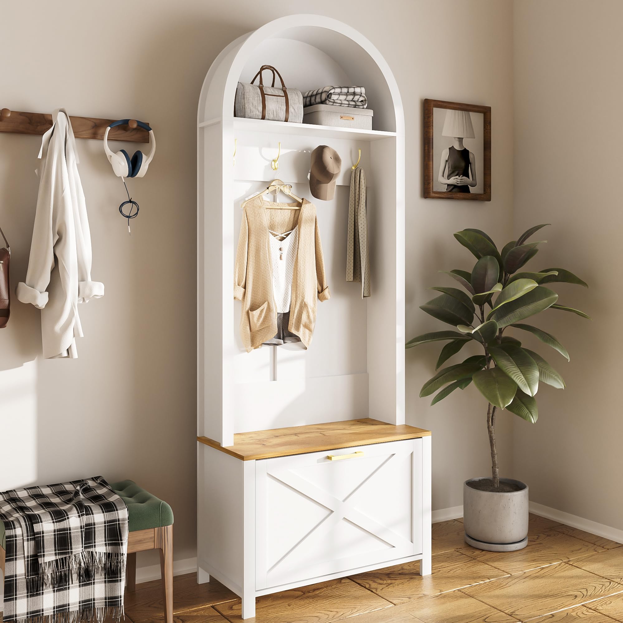Armadio Guardaroba Multifunzionale con Scarpiera , Ripiano e Gancio-Hall Tree per Ingresso Corpo in MDF Resistente Design Moderno Robusti Piedini in Ferro Pratico Spazio di Archiviazione (Bianco)