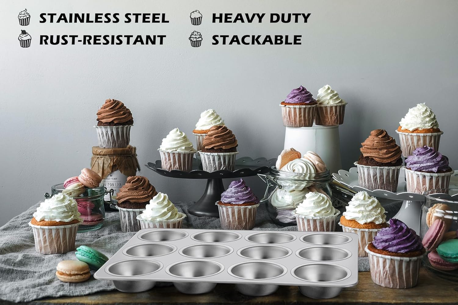 Leonyo 2 Pack 12-Cup Muffin Pans, 3 Tier Stackable Wire Rack for Cooking, Roasting, Grilling, Oven Safe