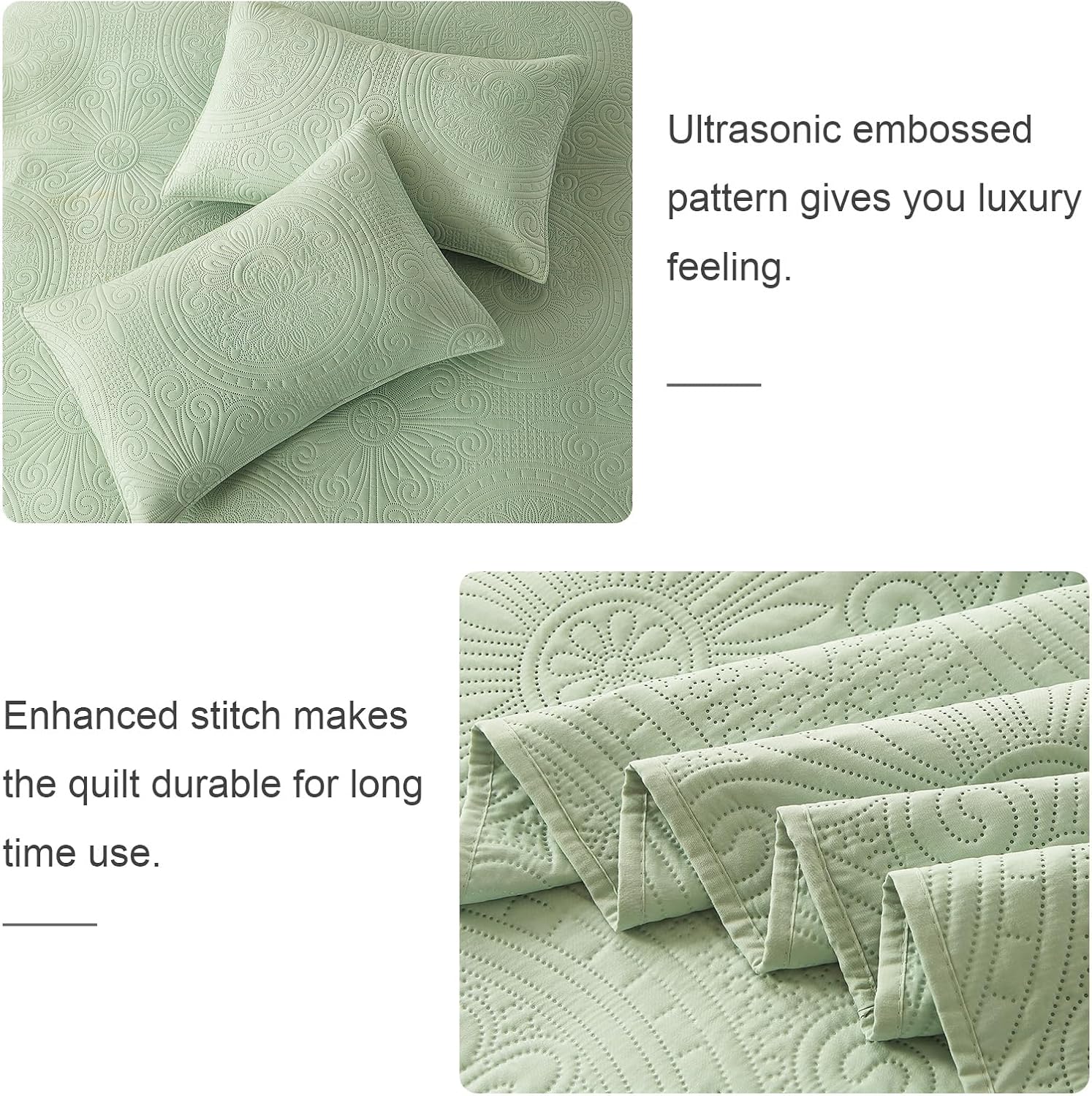 WURUIBO Full/Queen Quilt Set Sage Green,Ultrasonic Embossed Bedspread, Lightweight Microfiber Coverlet, Modern Thin Bedding Set for All Season, 3 Piece(1 Quilt,2 Pillow Shams) - Image 7