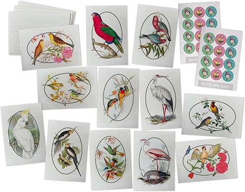 Tarjetas de notas coloridas de pájaros vintage, 24 tarjetas de pájaros antiguos y sellos de calcomanías vintage, 12 tarjetas de ilustración de
