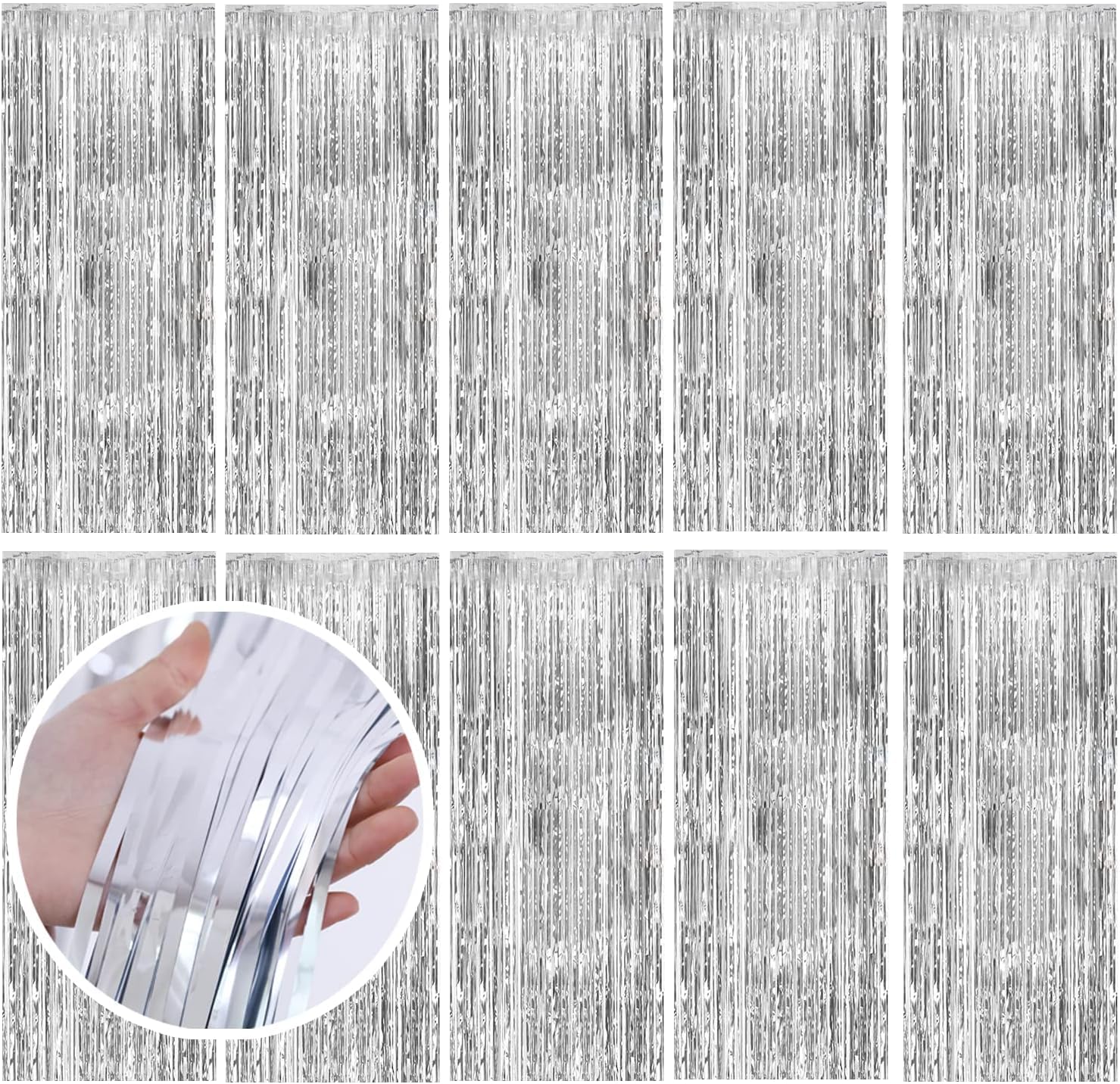Foil Curtains 10 Pack Fringe Curtains Tinsel Backdrop,Metallic Shimmer Curtains Photo Booth Props for Wedding Birthday Bridal Shower Baby Shower Bachelorette Christmas Party Decorations (Silver)