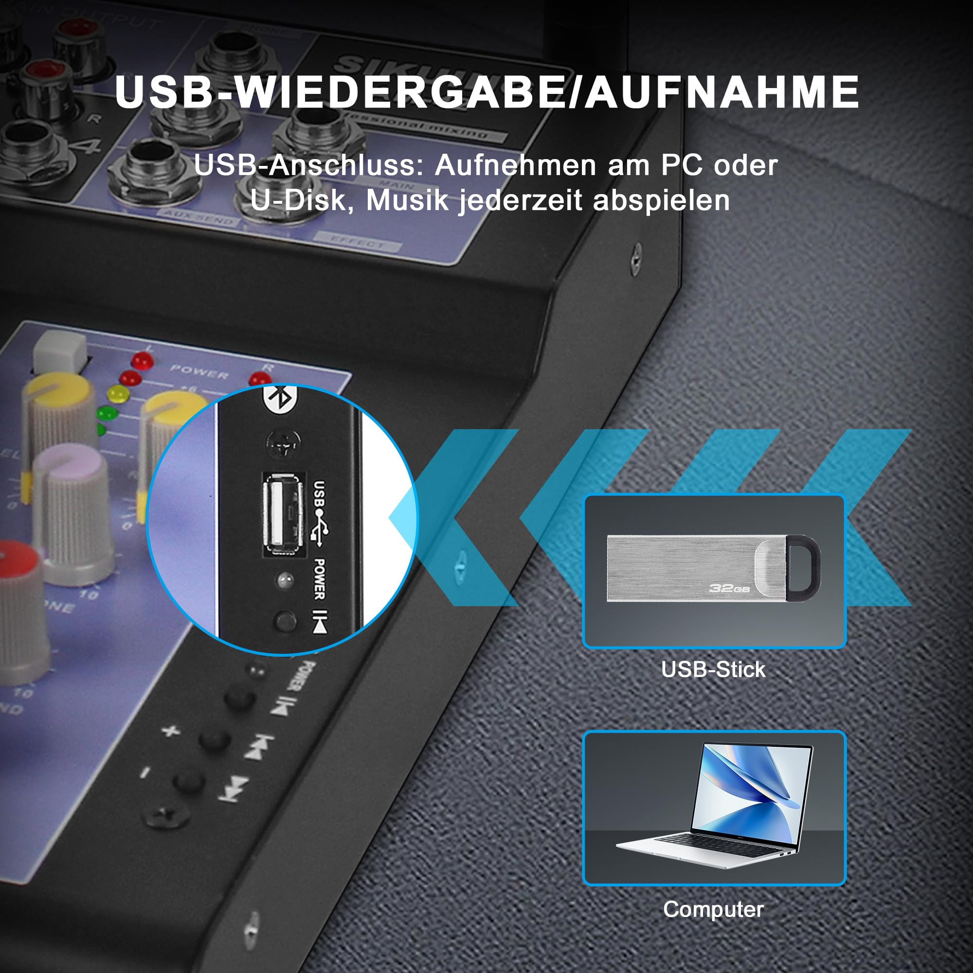 Audio-Mixer mit 2 drahtlosen Mikrofonen,4-Kanal professionelles DJ-Mischpult Soundboard mit Bluetooth/USB,48V Phantomspeisung,kompatibel mit Computer,Karaoke,Party,Meeting,Studio Aufnahme