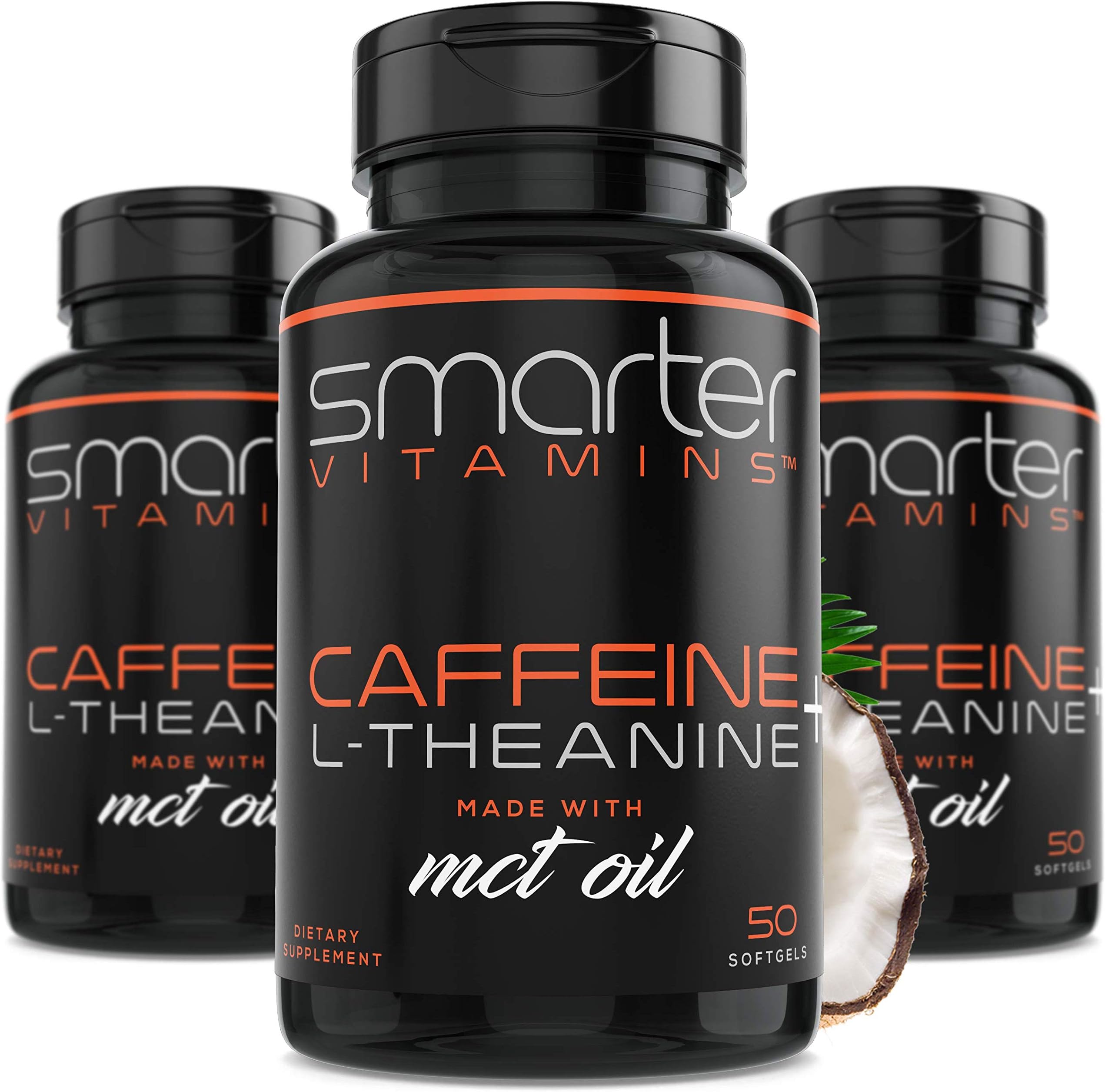SmarterVitamins (3-Pack 200mg Caffeine Pills with 100mg L-Theanine + Coconut MCT Oil, Energy and Focus, Extended Release Capsule, 150 Liquid Softgels