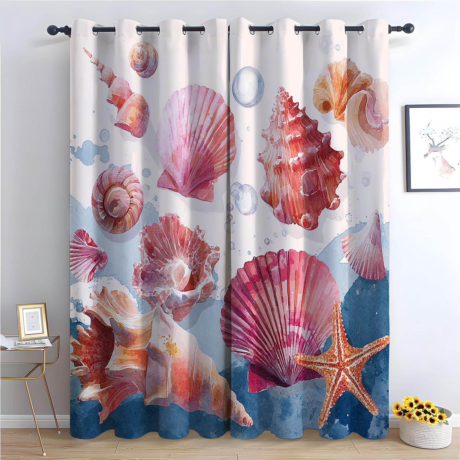 TERUEA Fabric Pattern Neutral Decor Soft watercolor seashell bubble summer Window, Flowers, Garden Washable Polyester Fabric Curtains for Outdoor-42 W x 72" L (Pack of 2)