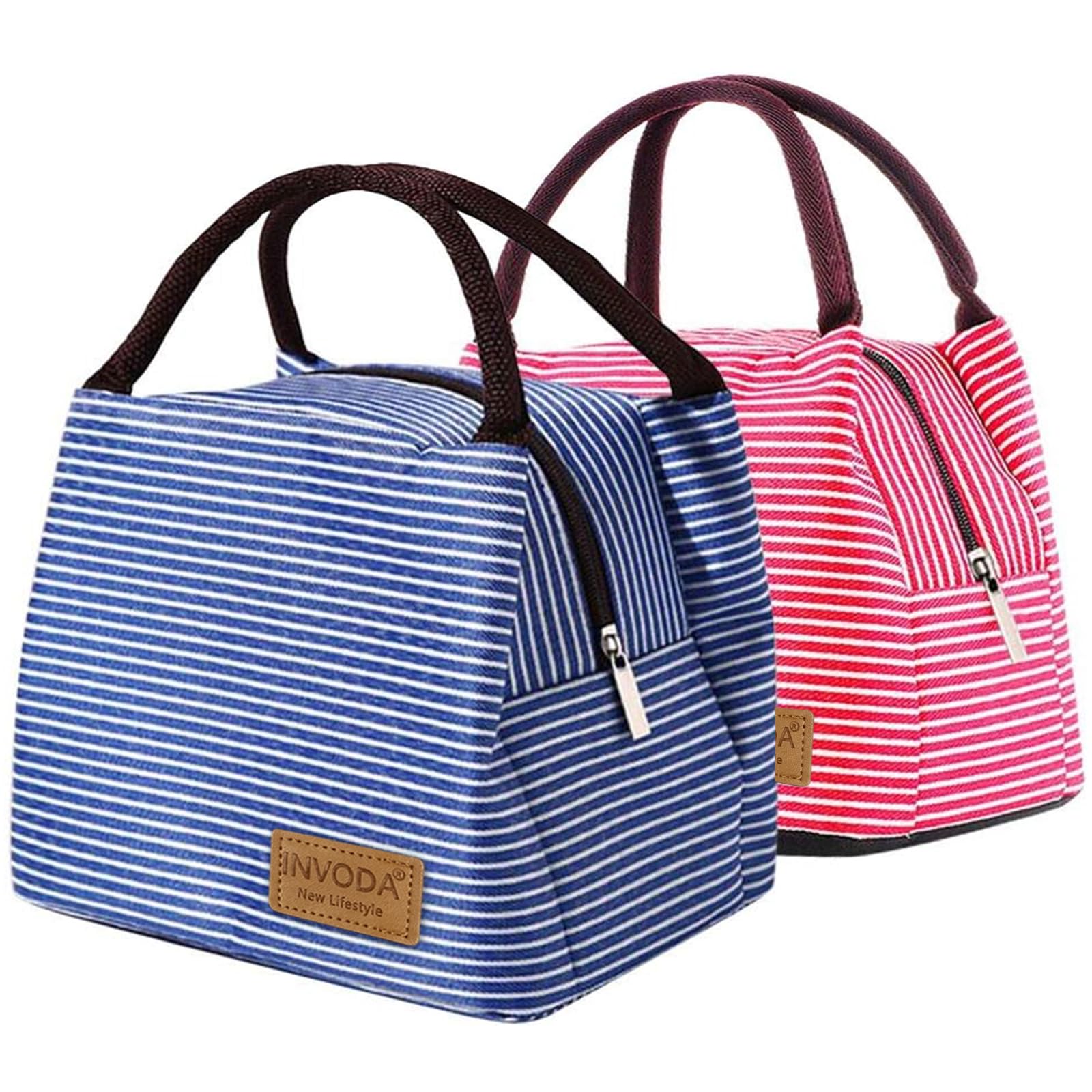 INVODA 2PCS Lunch Bags Reusable Lunch Tote Bags Portable Lunch Cooler Bag Lunch Holder Insulated Lunch Box Bag for Picnic Office Beach (Blue+Red)