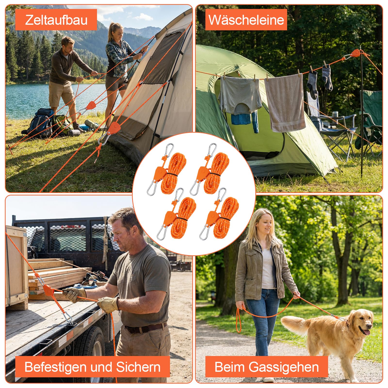 8 Stück Flaschenzug mit Seilbremse, 4m Seilratsche Einstellbar Abspannseile φ 4mm Seilspanner mit Karabiner für Camping Zelte